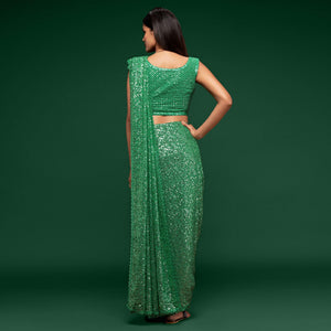 Mint Green Partywear Thread & Sequins Embroidered Georgette Saree - Peachmode