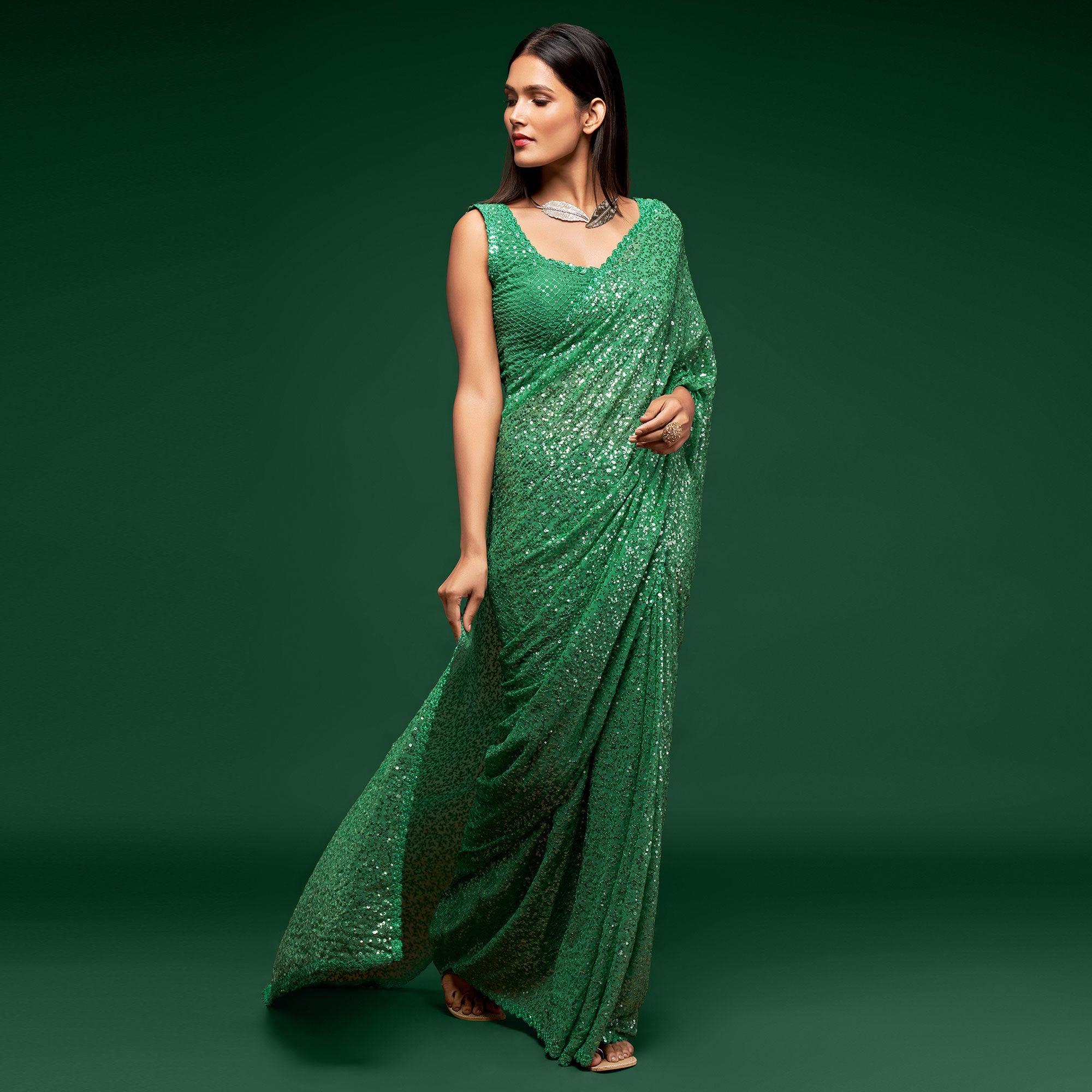 Mint Green Partywear Thread & Sequins Embroidered Georgette Saree - Peachmode