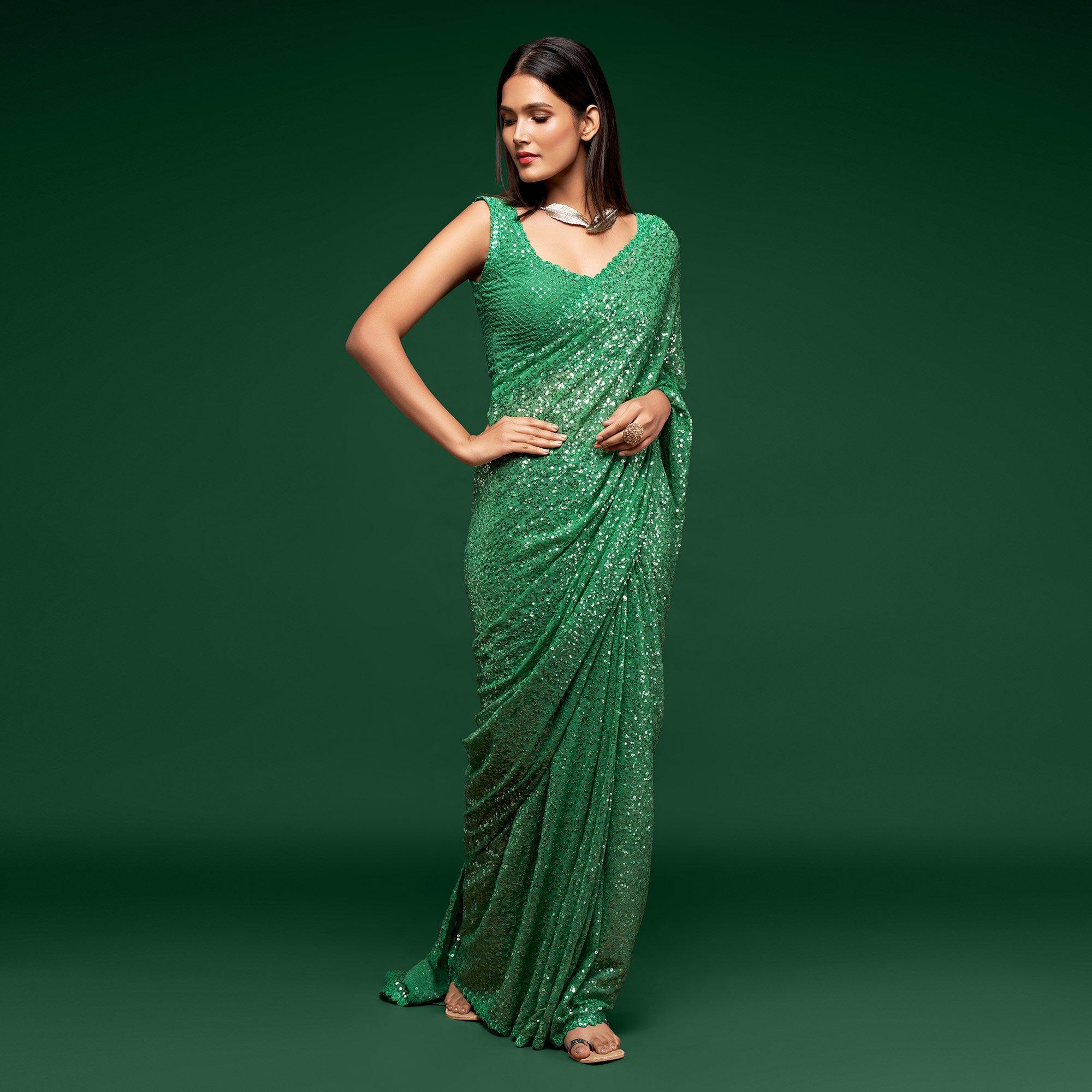 Mint Green Partywear Thread & Sequins Embroidered Georgette Saree - Peachmode