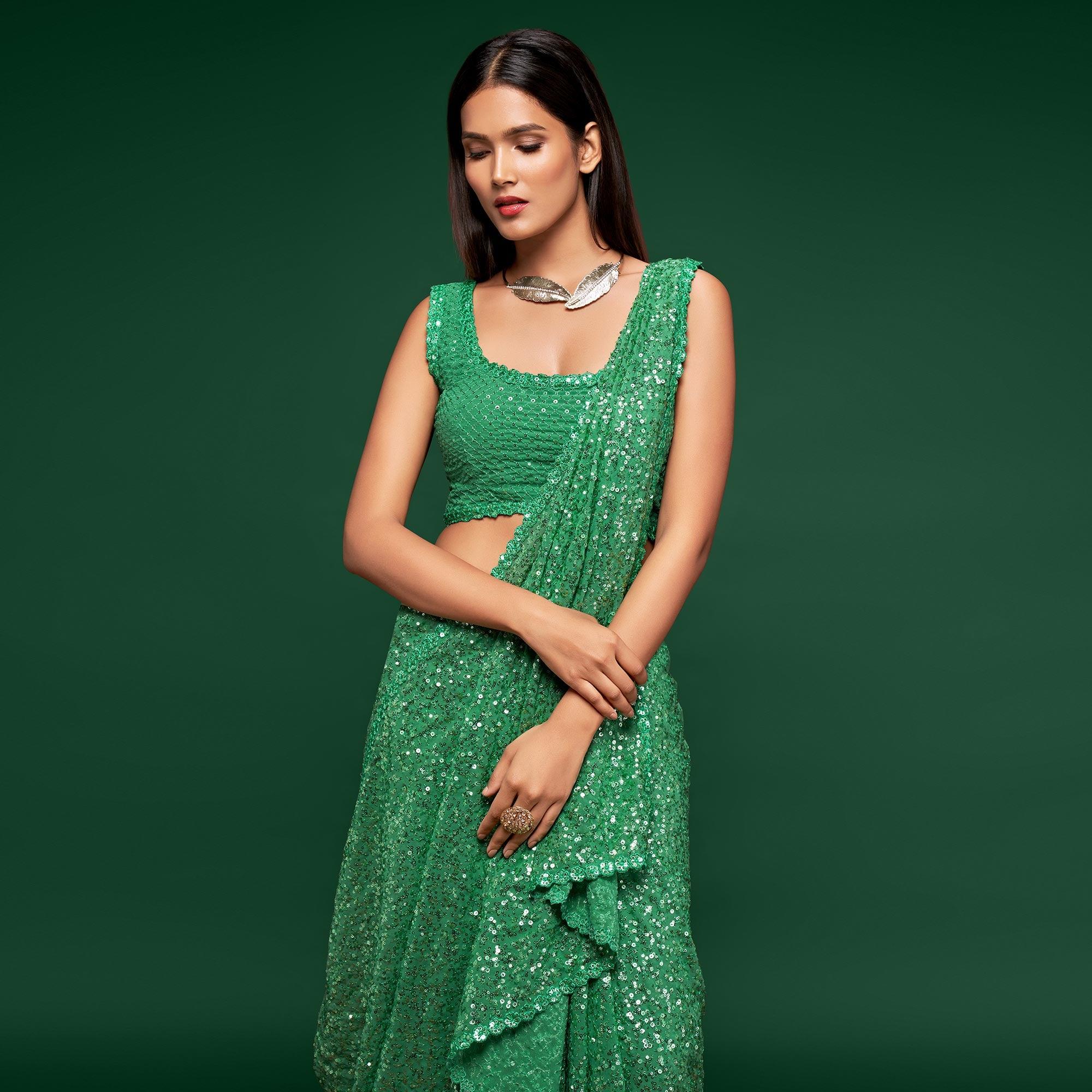Mint Green Partywear Thread & Sequins Embroidered Georgette Saree - Peachmode