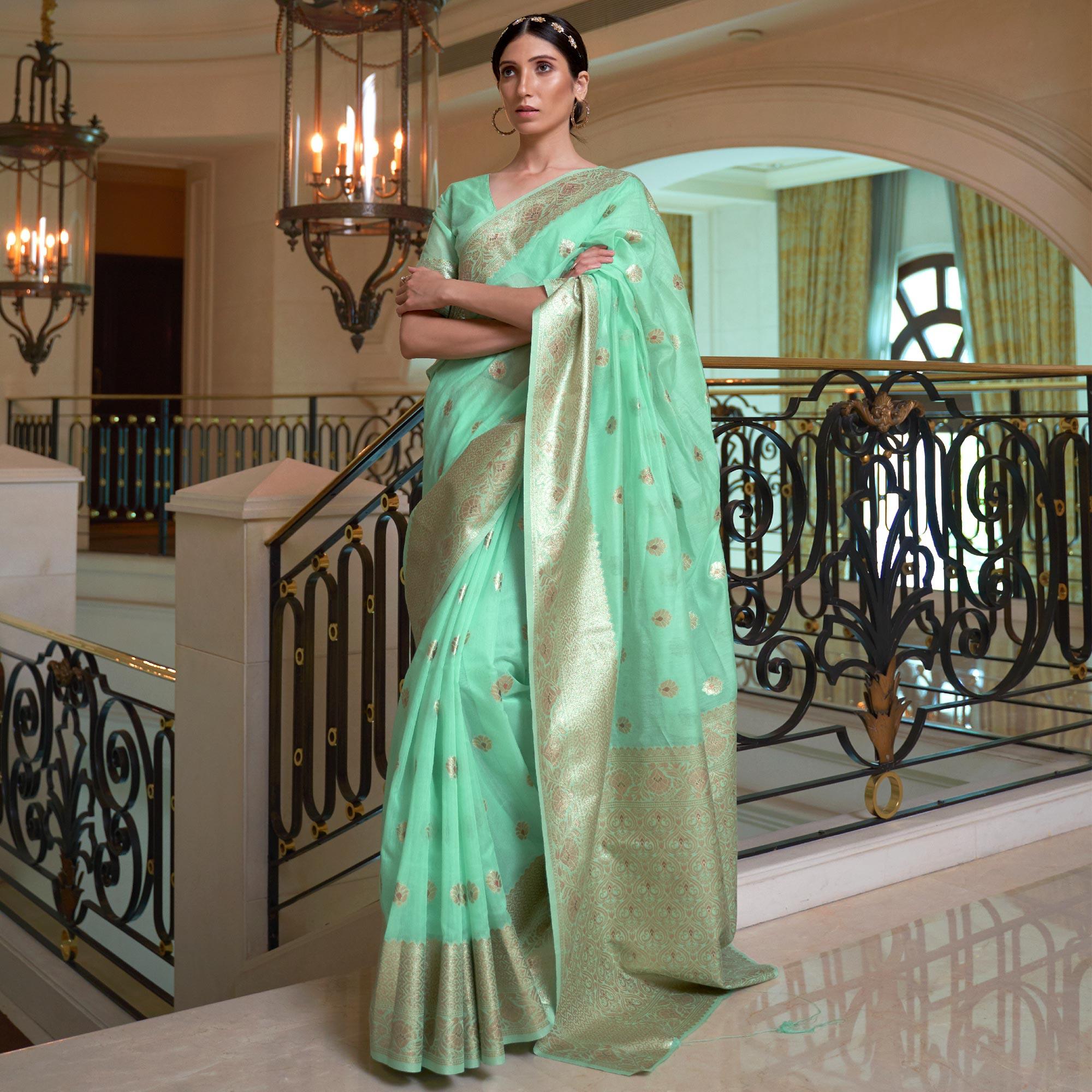 Mint Green Partywear Woven Chanderi Saree - Peachmode