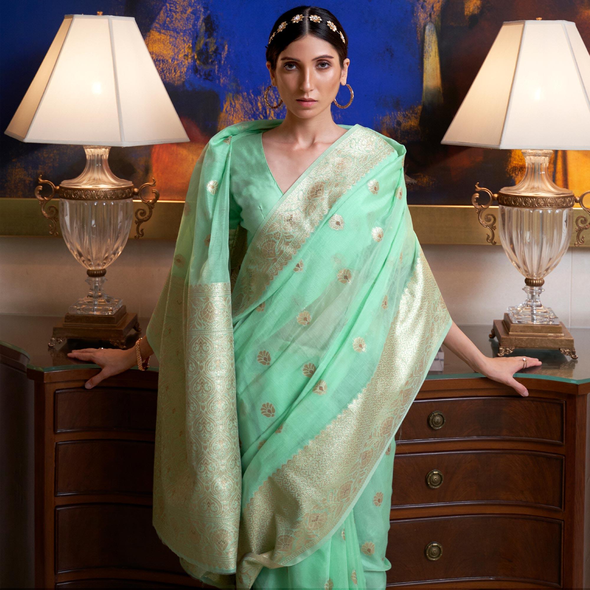 Mint Green Partywear Woven Chanderi Saree - Peachmode