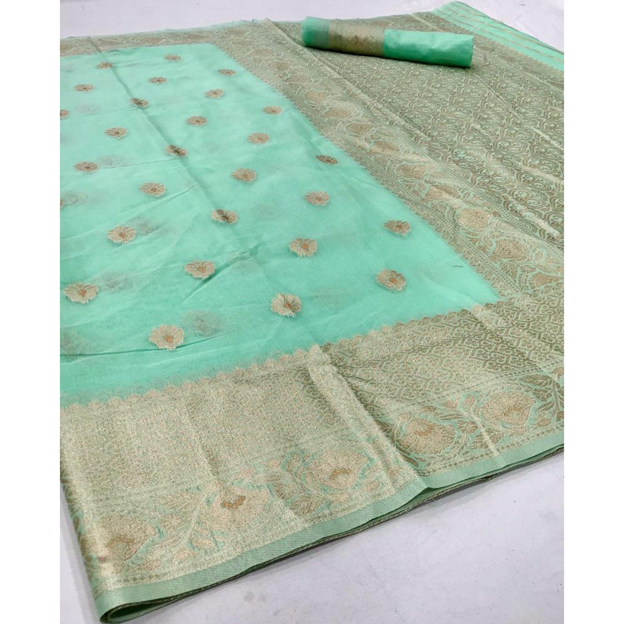 Mint Green Partywear Woven Chanderi Saree - Peachmode