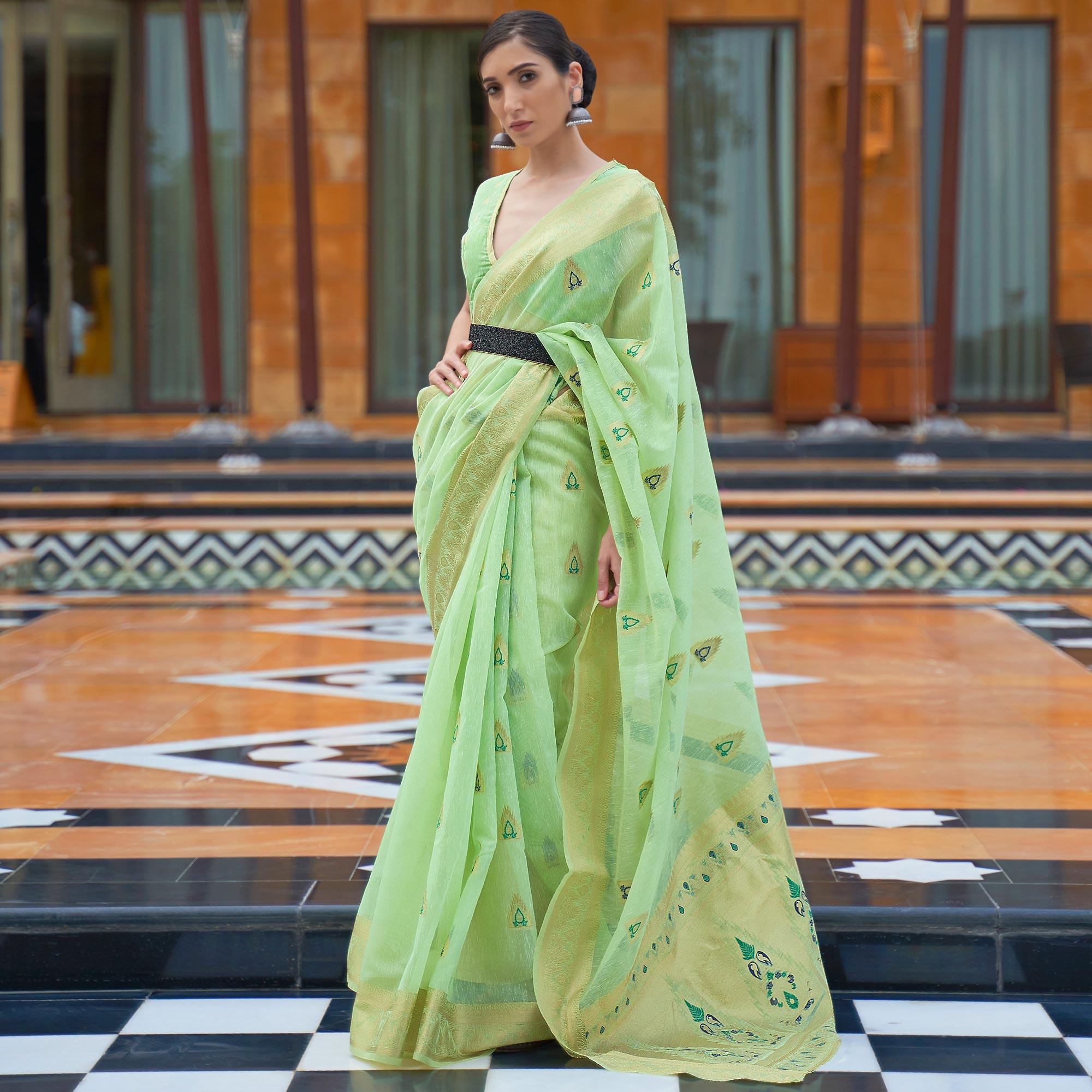 Mint Green Partywear Woven Pure Linen Saree - Peachmode