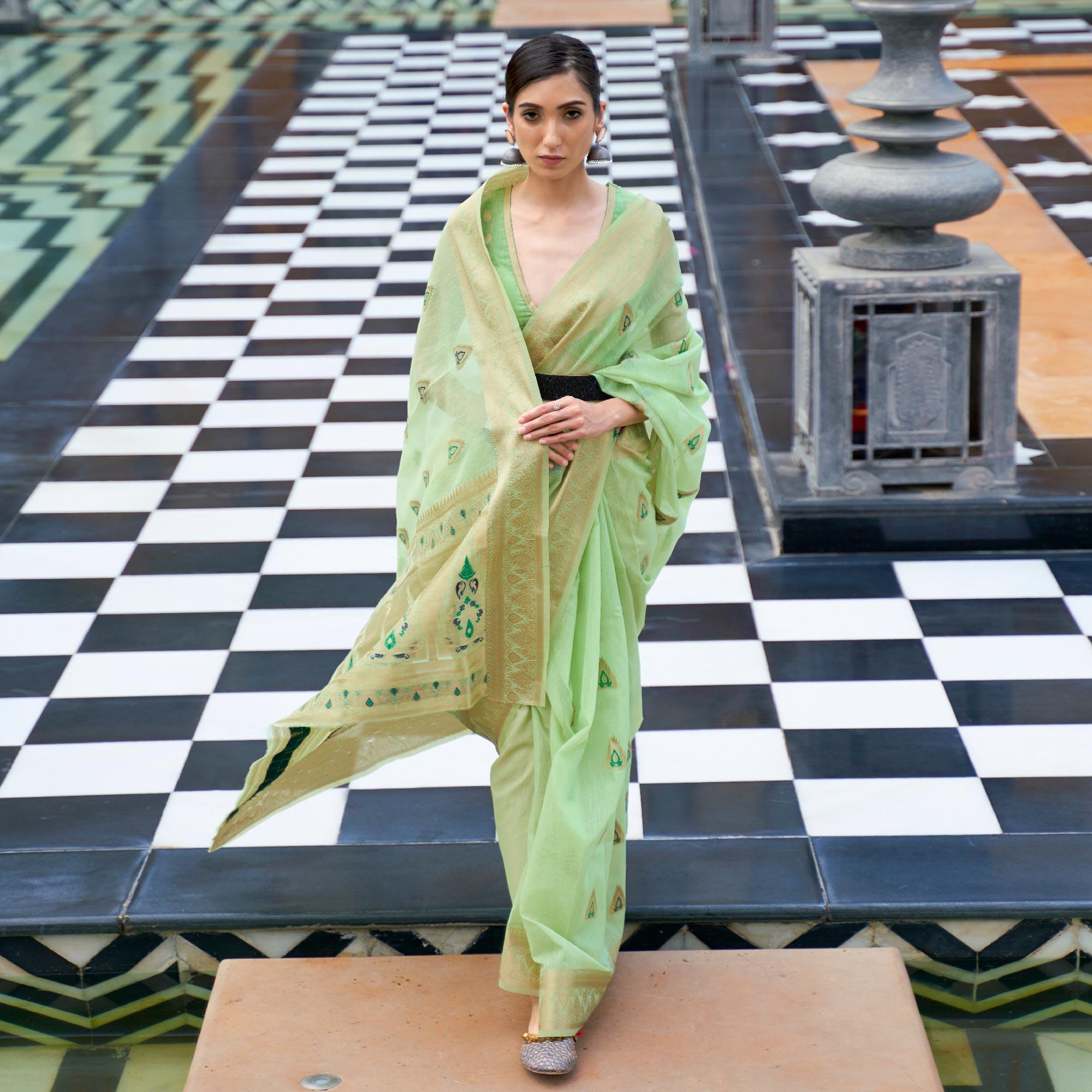 Mint Green Partywear Woven Pure Linen Saree - Peachmode
