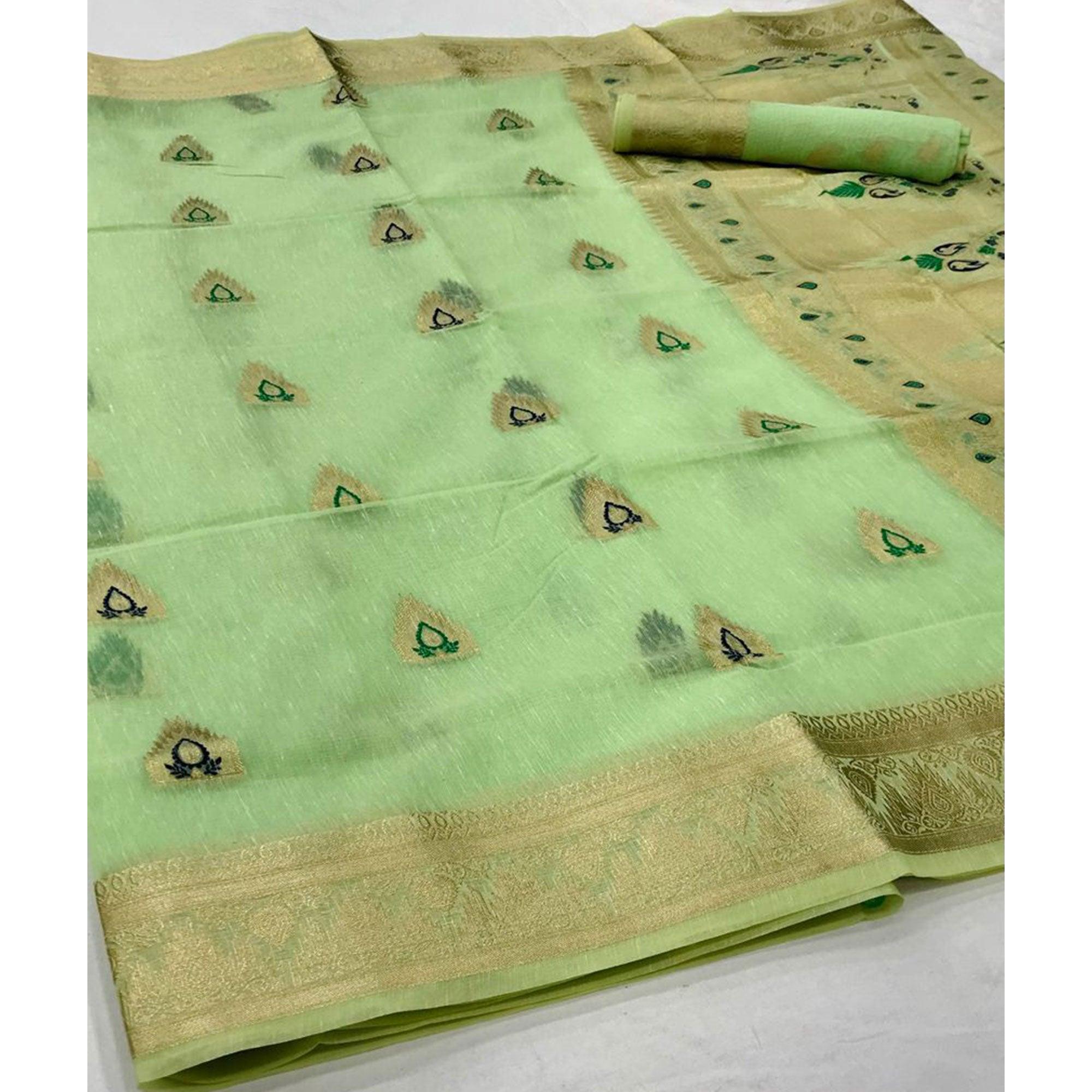 Mint Green Partywear Woven Pure Linen Saree - Peachmode