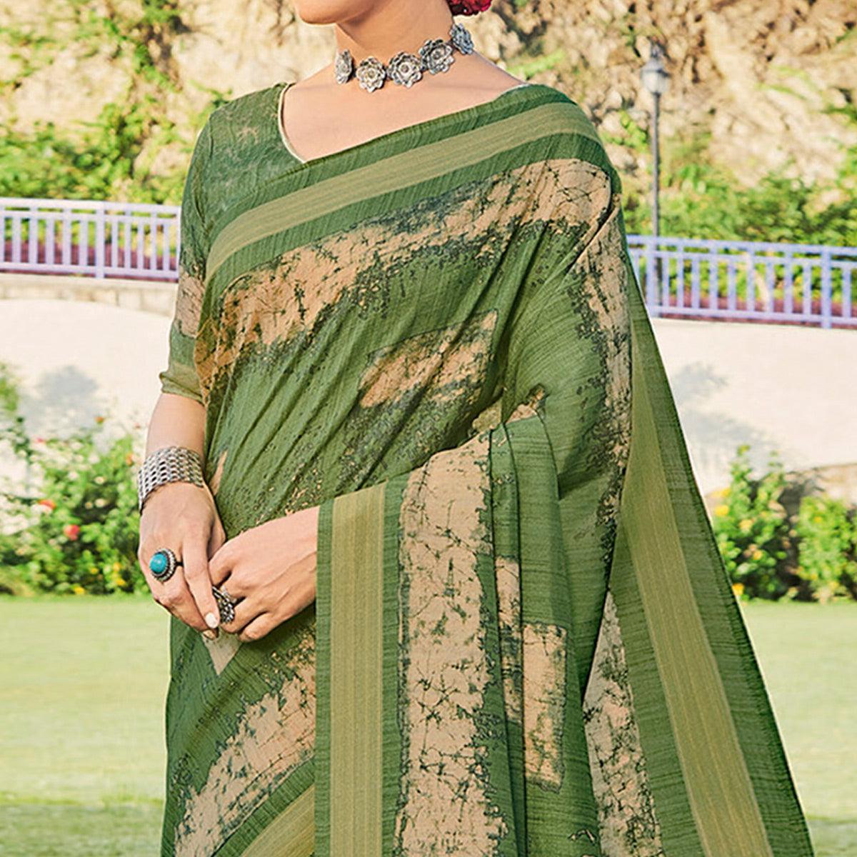 Mint Green Printed Cotton Silk Saree - Peachmode
