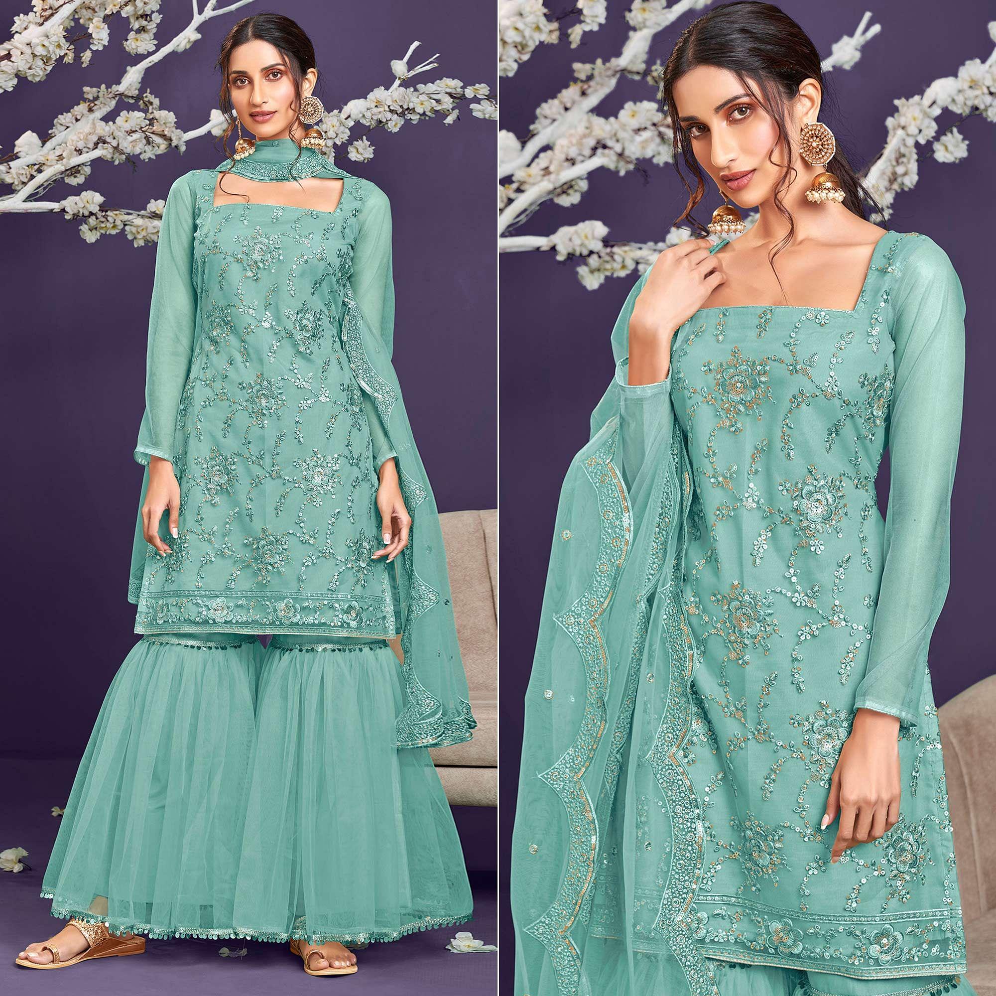 Mint Green Sequence Embroidered Netted Sharara Suit - Peachmode
