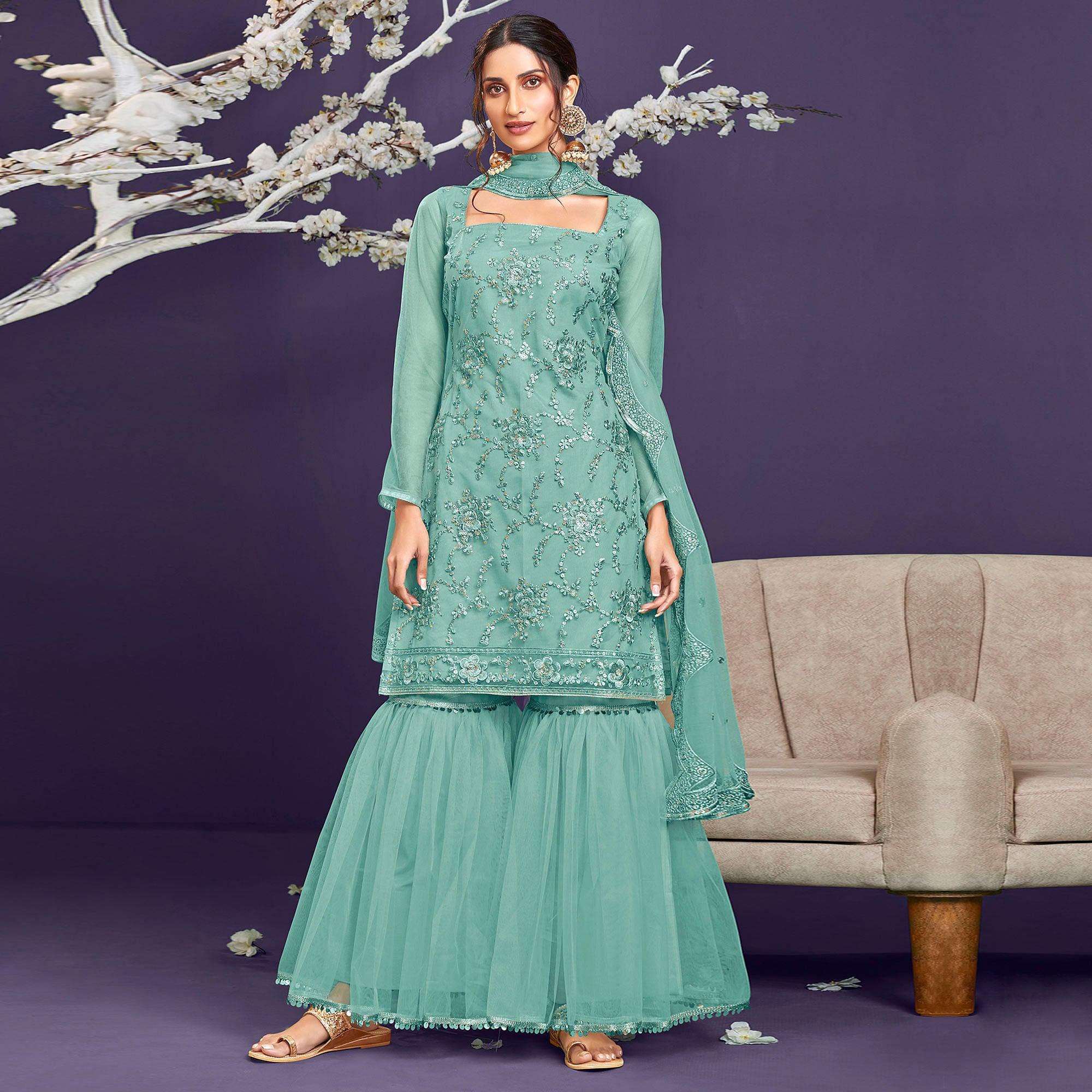 Mint Green Sequence Embroidered Netted Sharara Suit - Peachmode
