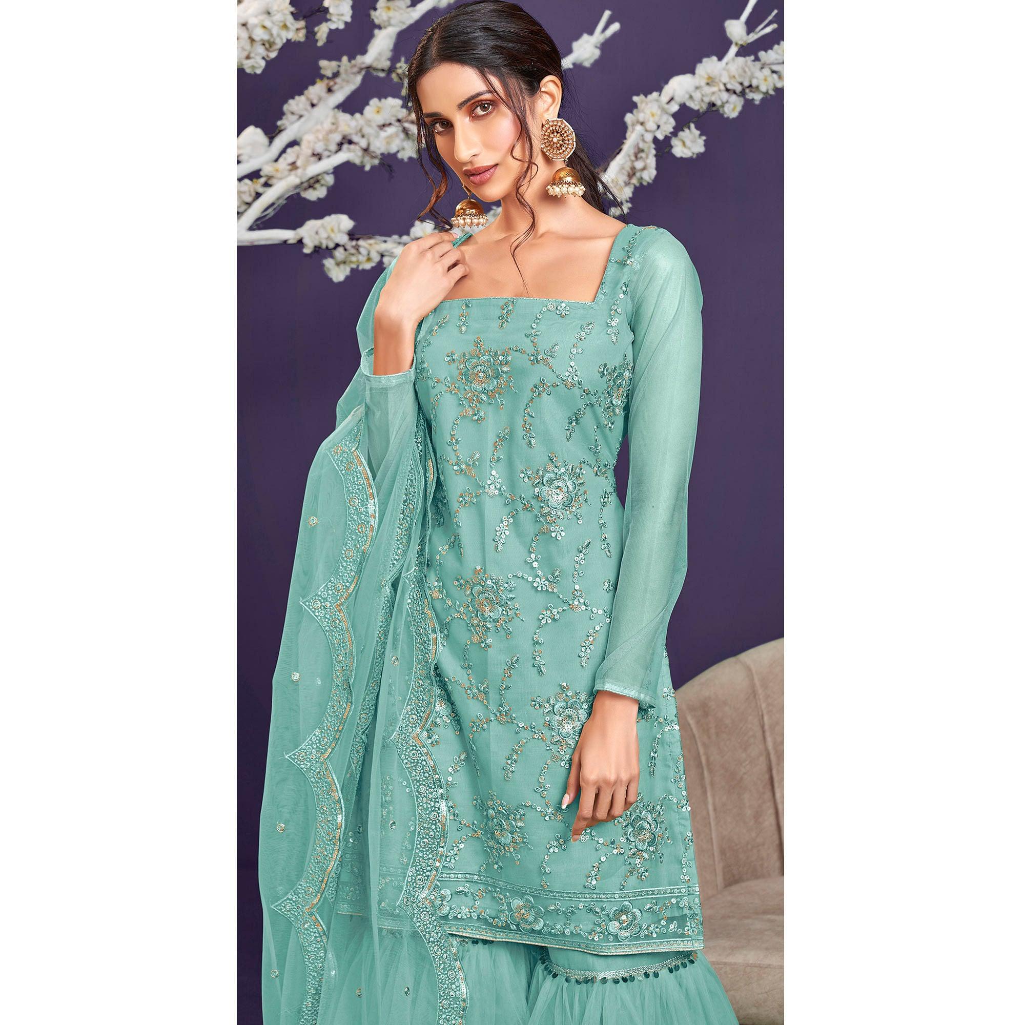 Mint Green Sequence Embroidered Netted Sharara Suit - Peachmode