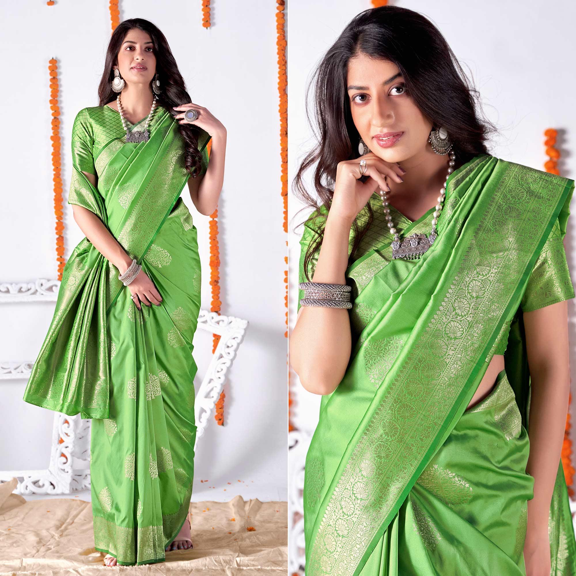 Mint Green Woven Banarasi Silk Saree - Peachmode