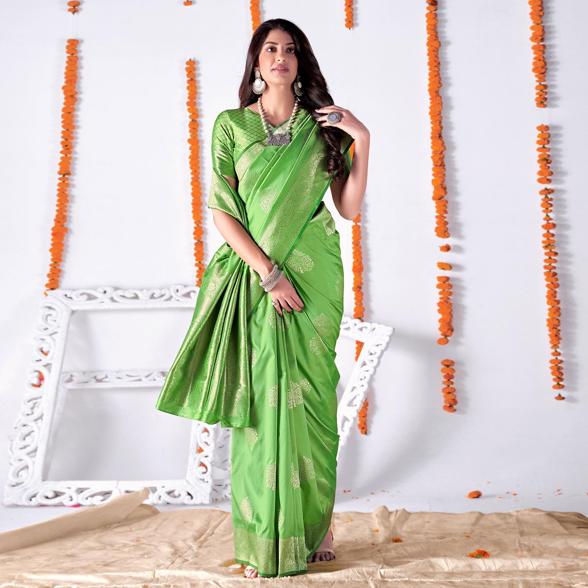 Mint Green Woven Banarasi Silk Saree - Peachmode