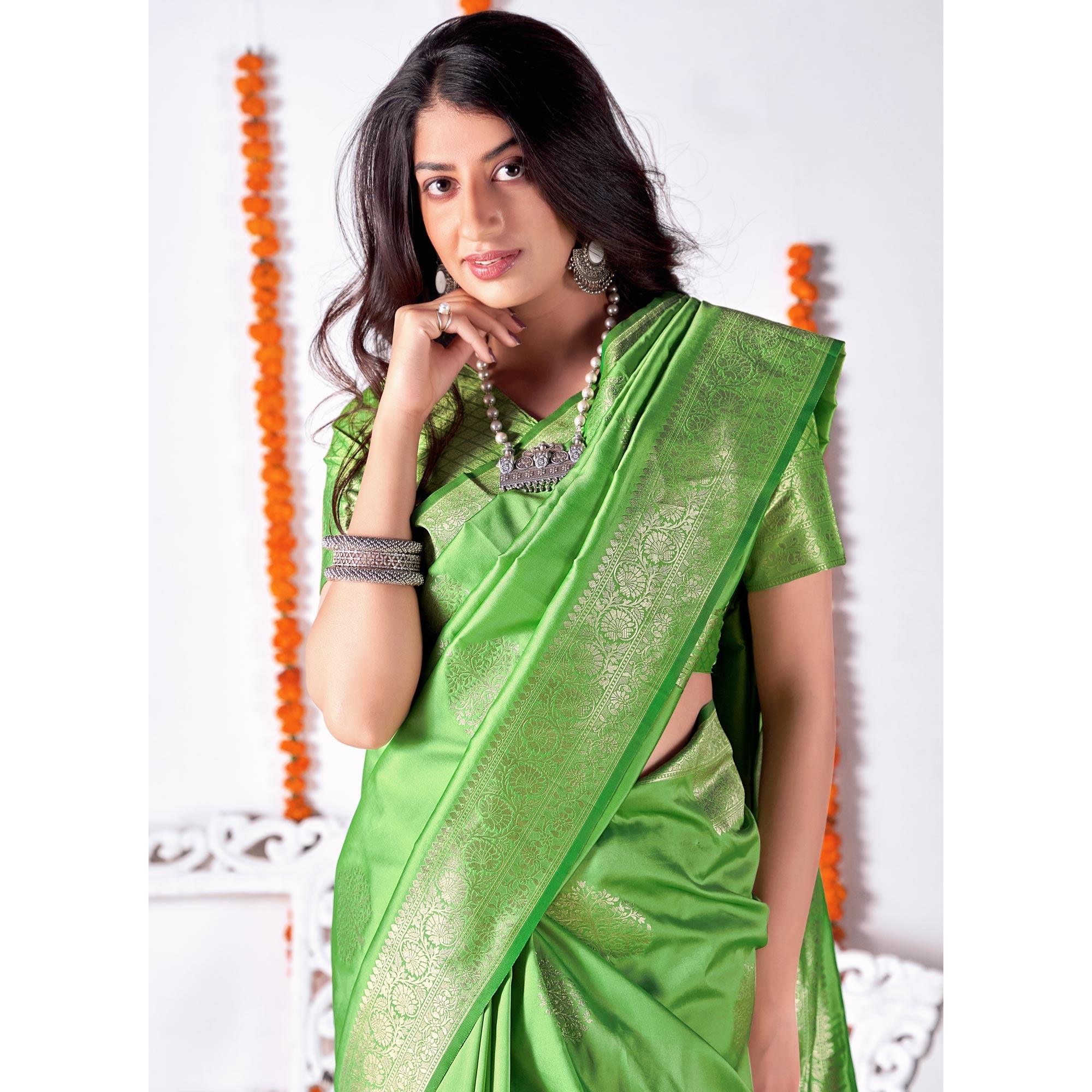 Mint Green Woven Banarasi Silk Saree - Peachmode