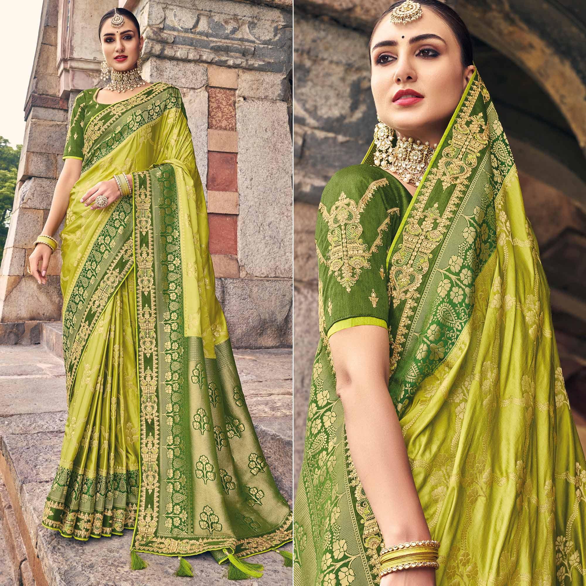 Mint Green Woven Banarasi Silk Saree With Tassels - Peachmode