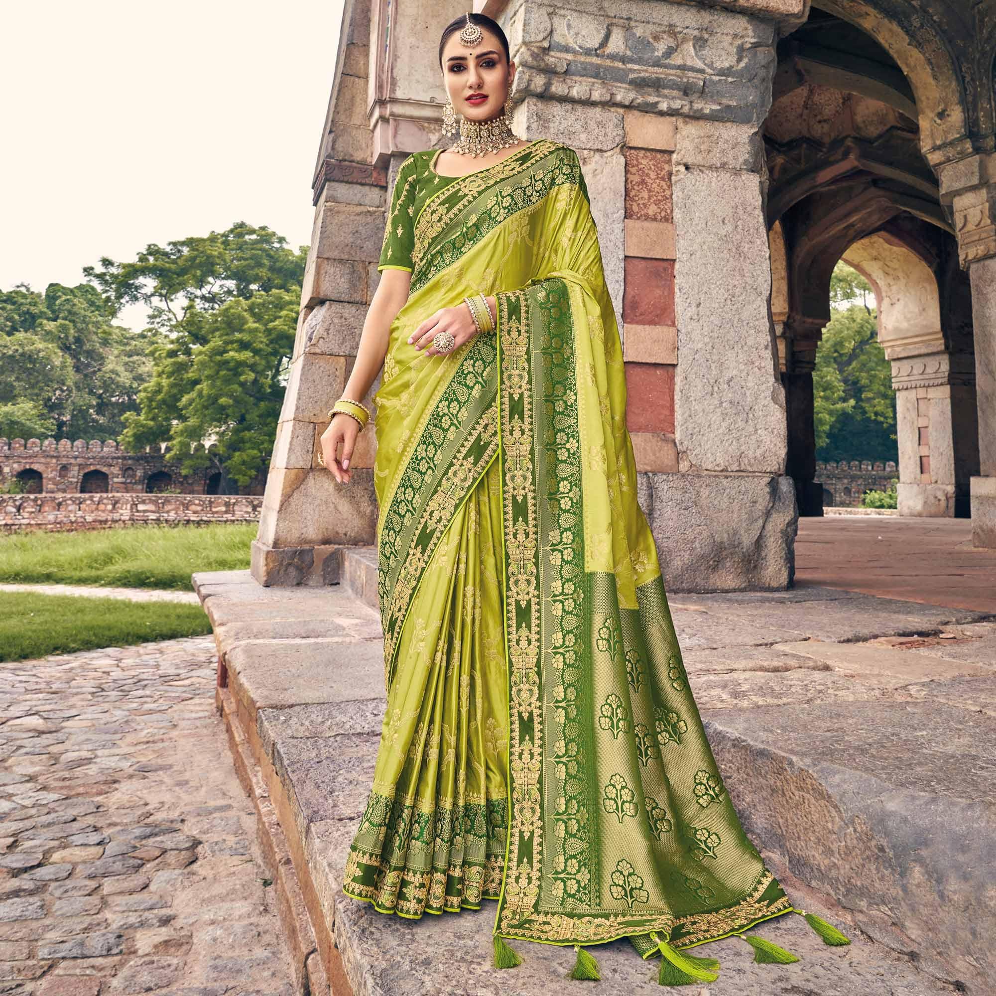 Mint Green Woven Banarasi Silk Saree With Tassels - Peachmode