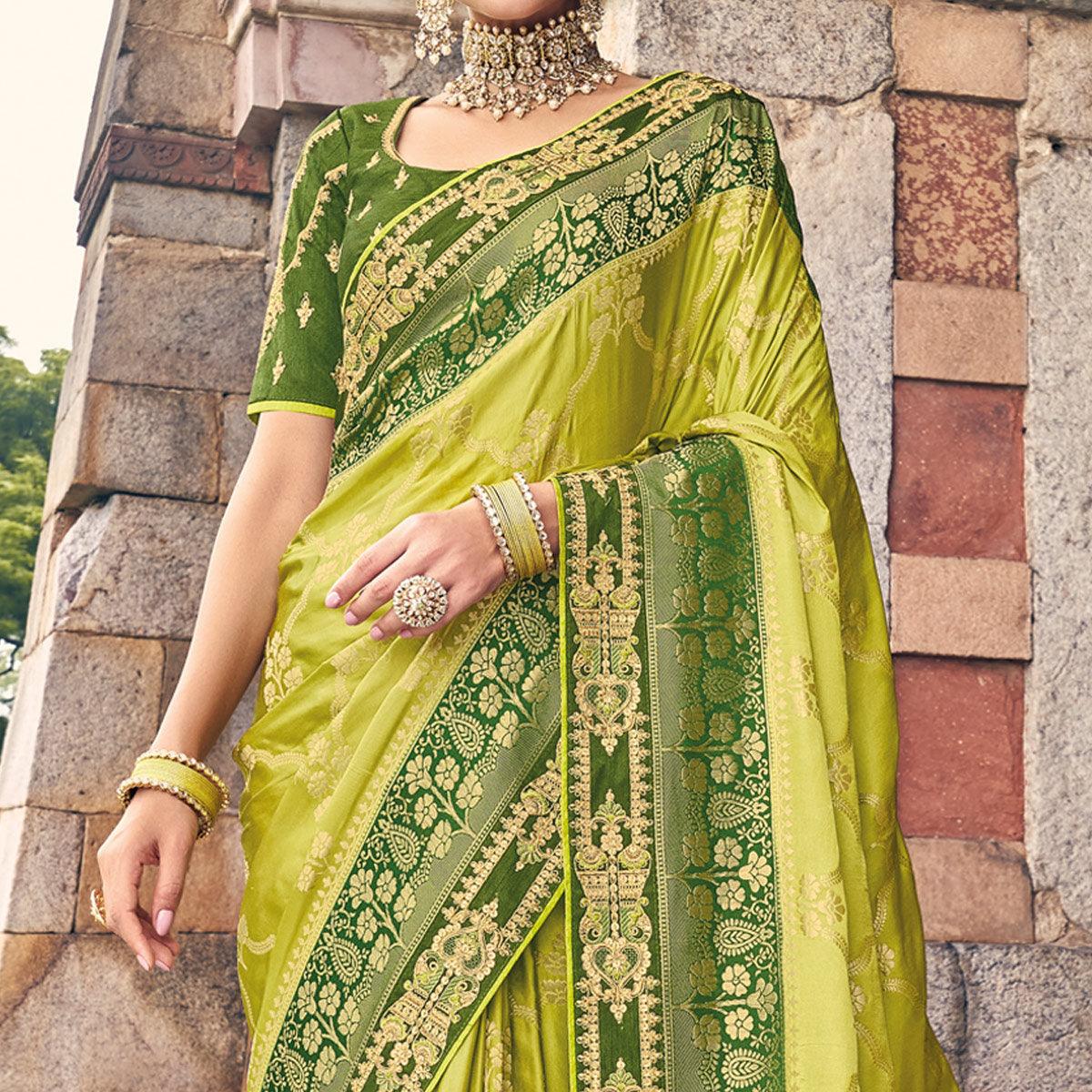 Mint Green Woven Banarasi Silk Saree With Tassels - Peachmode