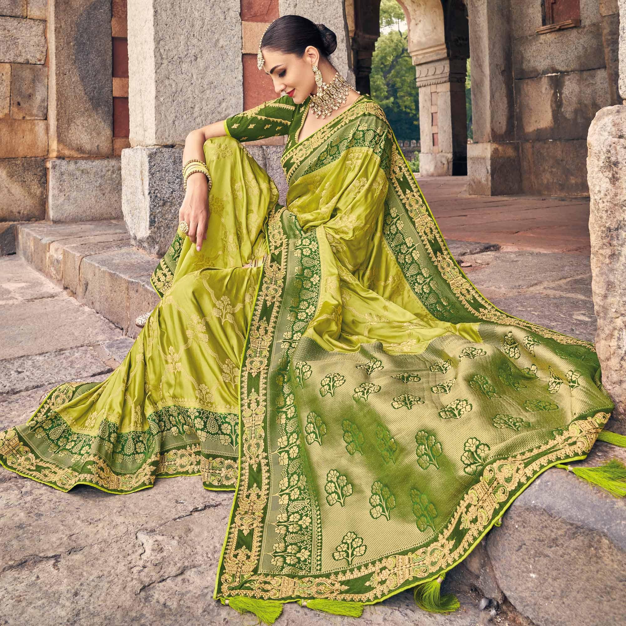 Mint Green Woven Banarasi Silk Saree With Tassels - Peachmode