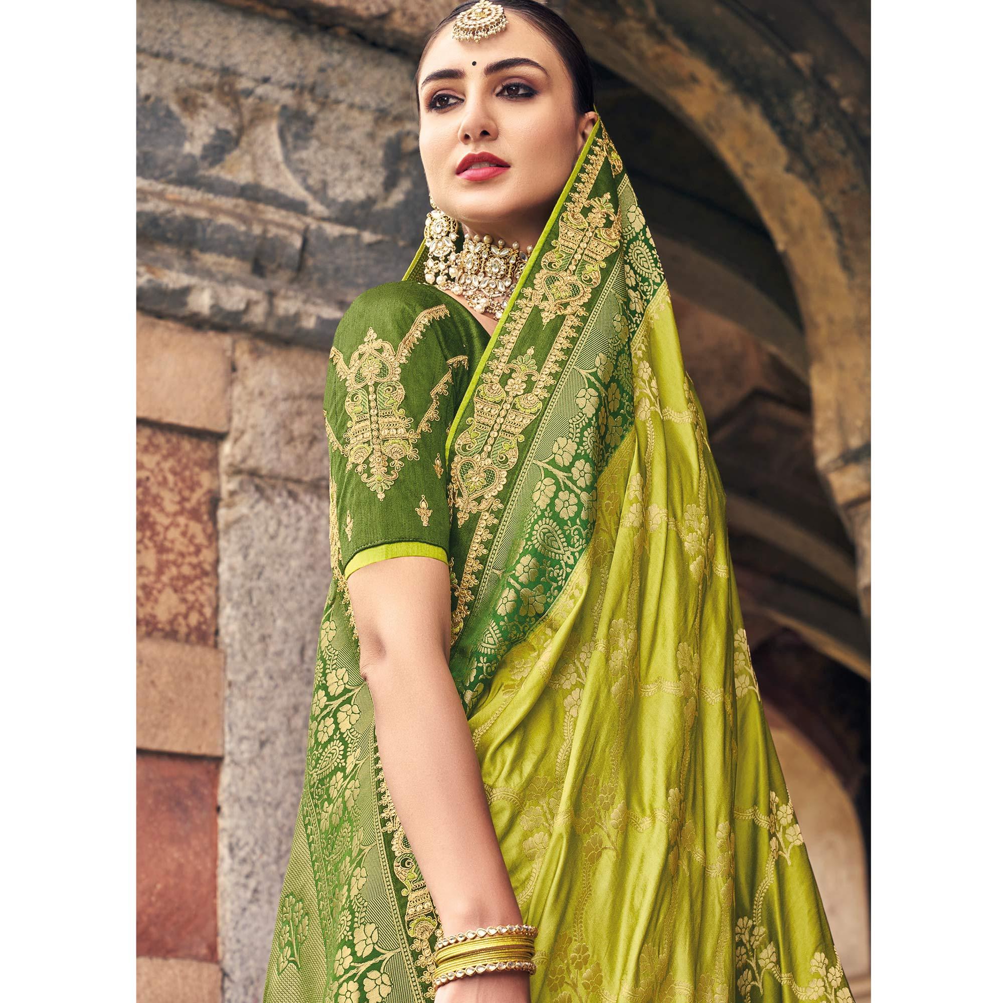 Mint Green Woven Banarasi Silk Saree With Tassels - Peachmode
