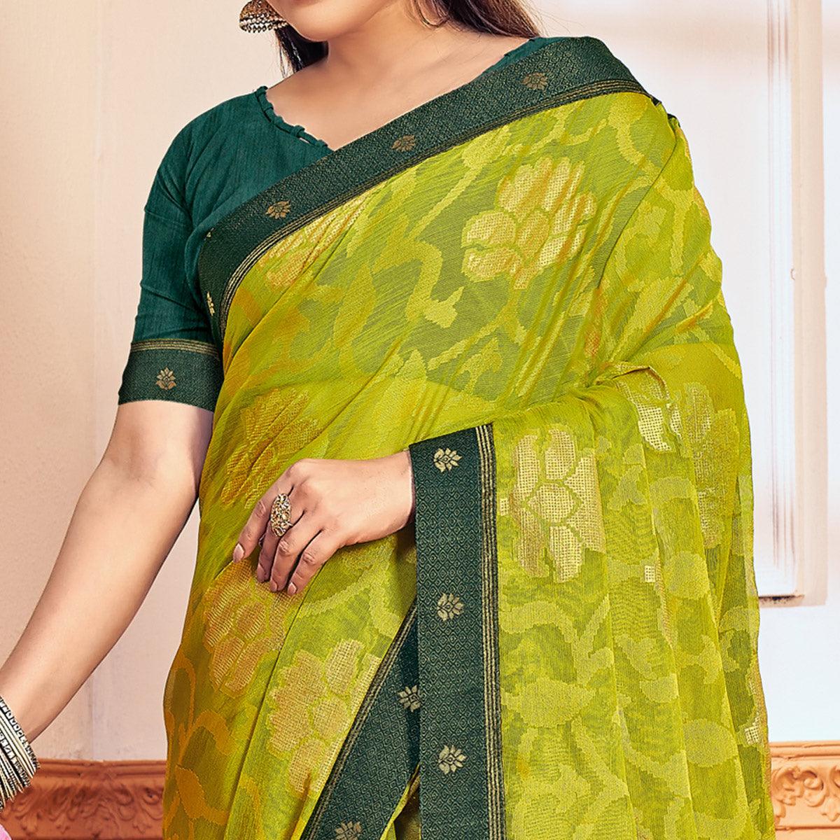 Mint Green Woven Brasso Saree - Peachmode