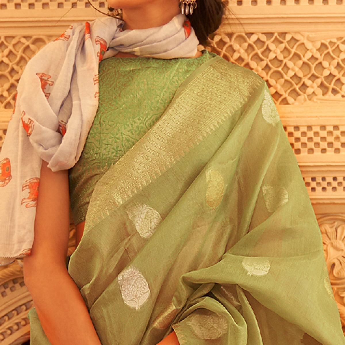 Mint Green Woven Linen Saree With Tassels - Peachmode