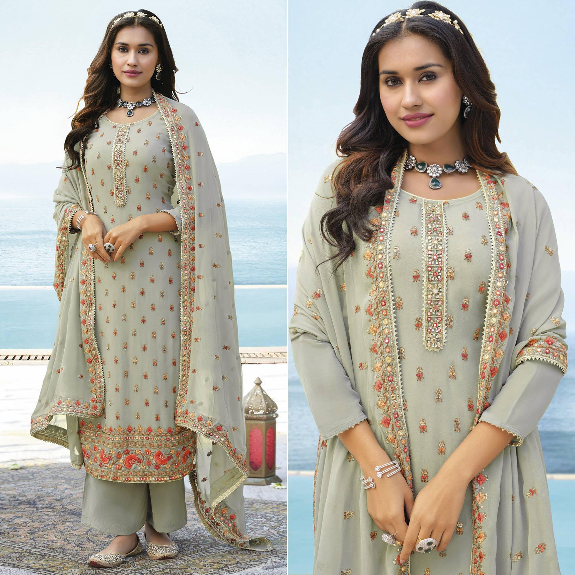 Mint Light Green Embroidered Georgette Palazzo Suit - Peachmode