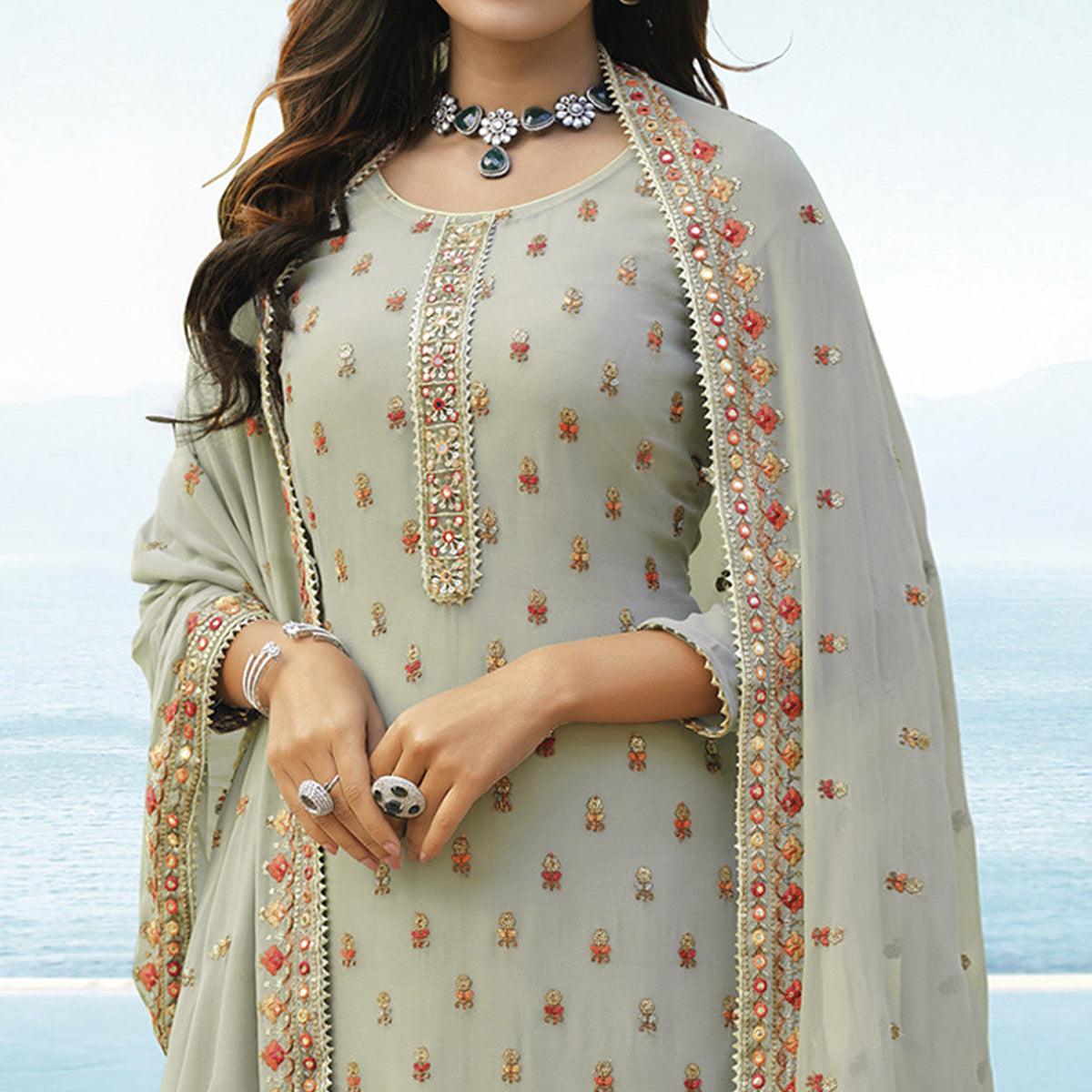 Mint Light Green Embroidered Georgette Palazzo Suit - Peachmode