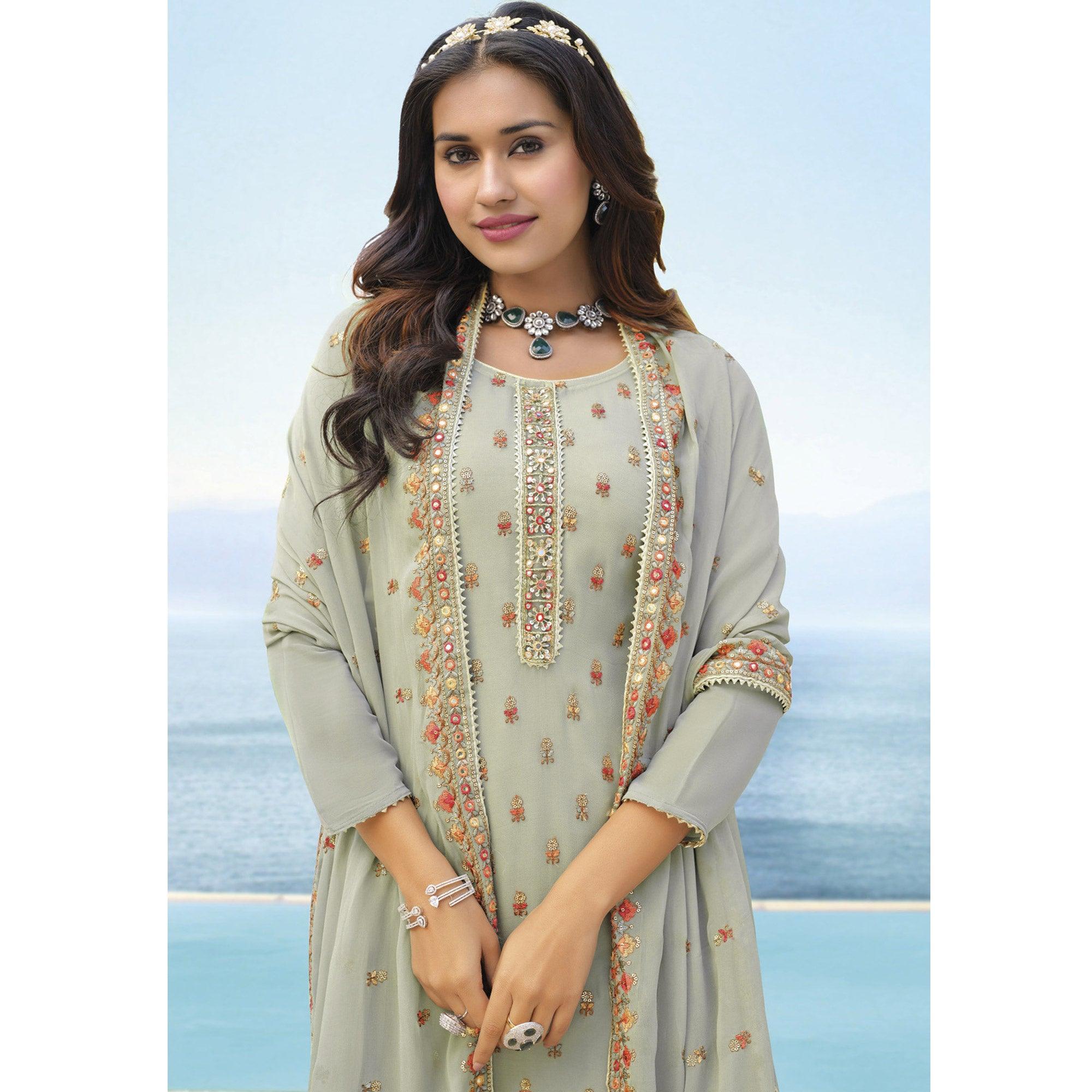 Mint Light Green Embroidered Georgette Palazzo Suit - Peachmode