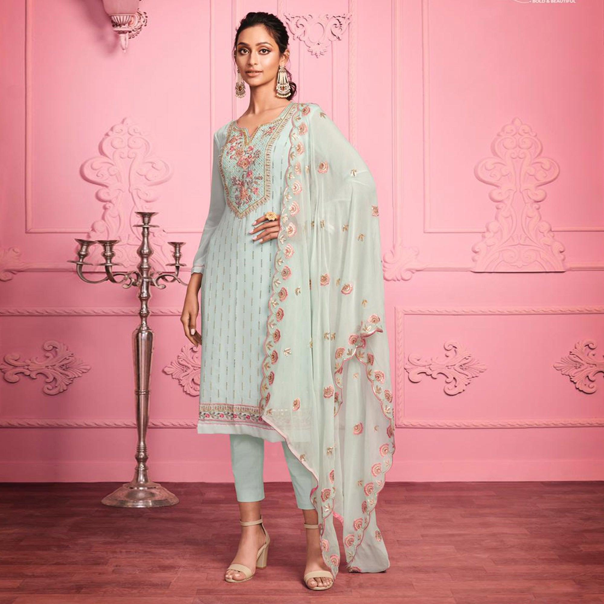 Misty Teal Partywear Thread & Zari Floral Embroidery Alizeh Georgette Suit - Peachmode