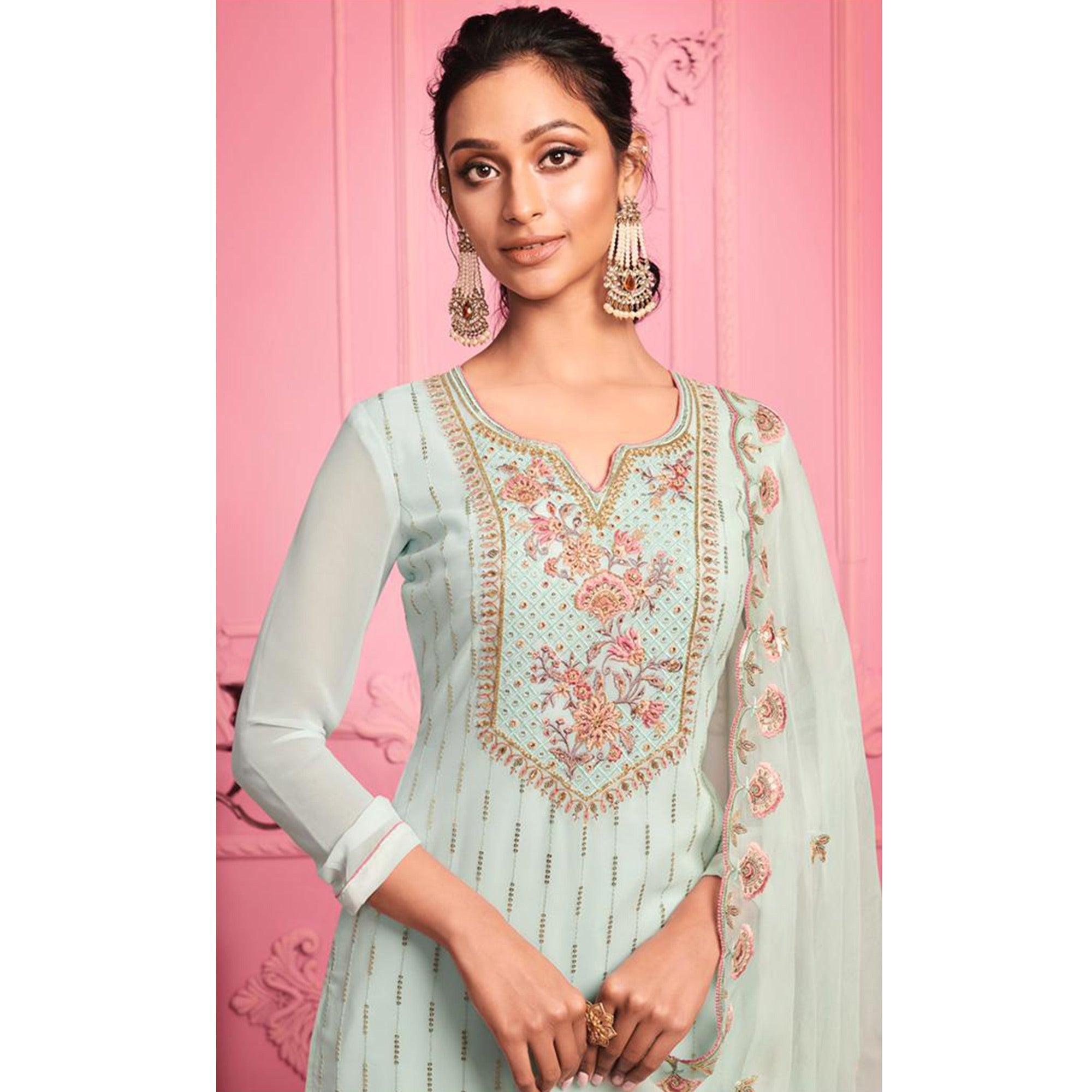 Misty Teal Partywear Thread & Zari Floral Embroidery Alizeh Georgette Suit - Peachmode