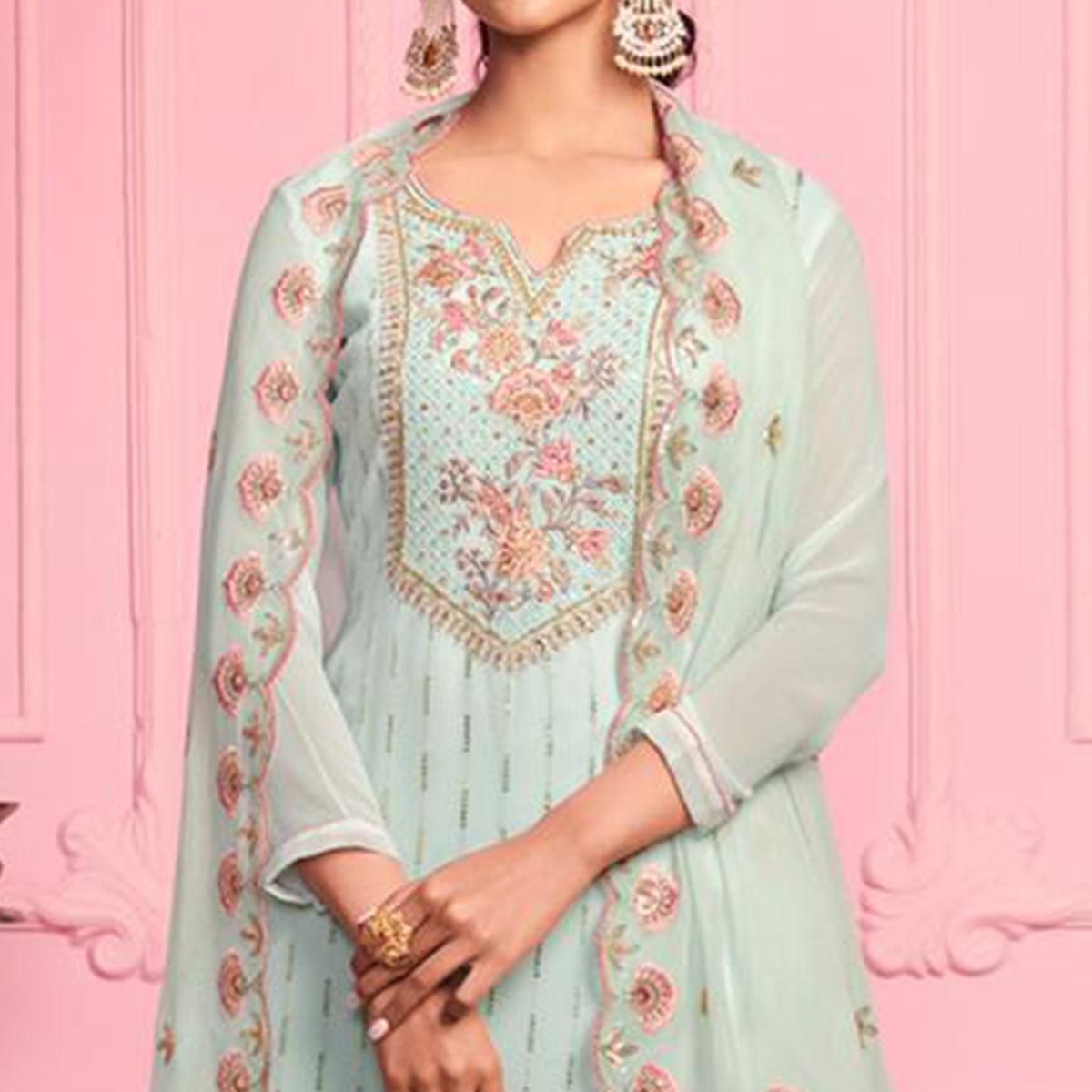 Misty Teal Partywear Thread & Zari Floral Embroidery Alizeh Georgette Suit - Peachmode