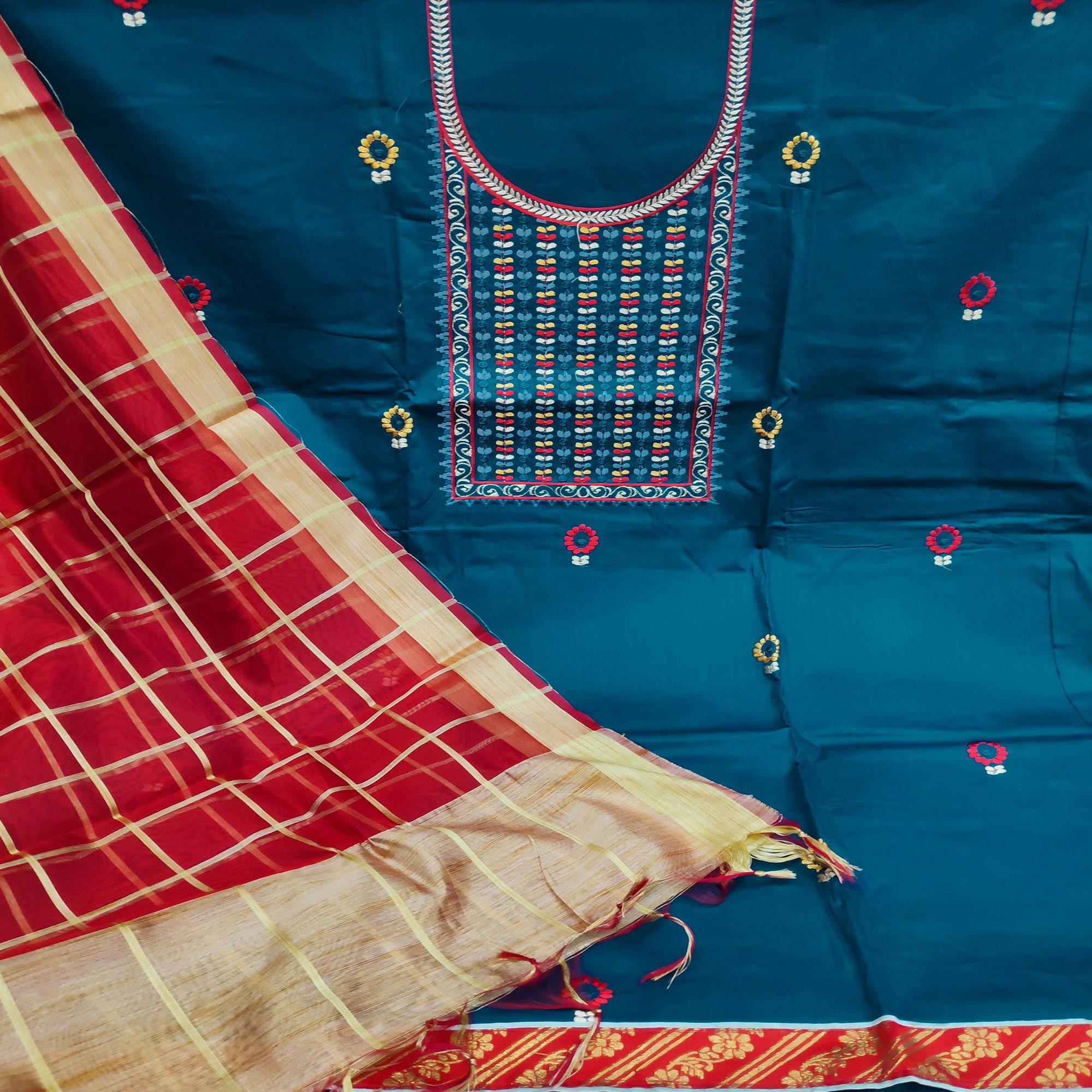 More Peach Festive Wear Floral Embroidered Cotton Dress Material - Peachmode