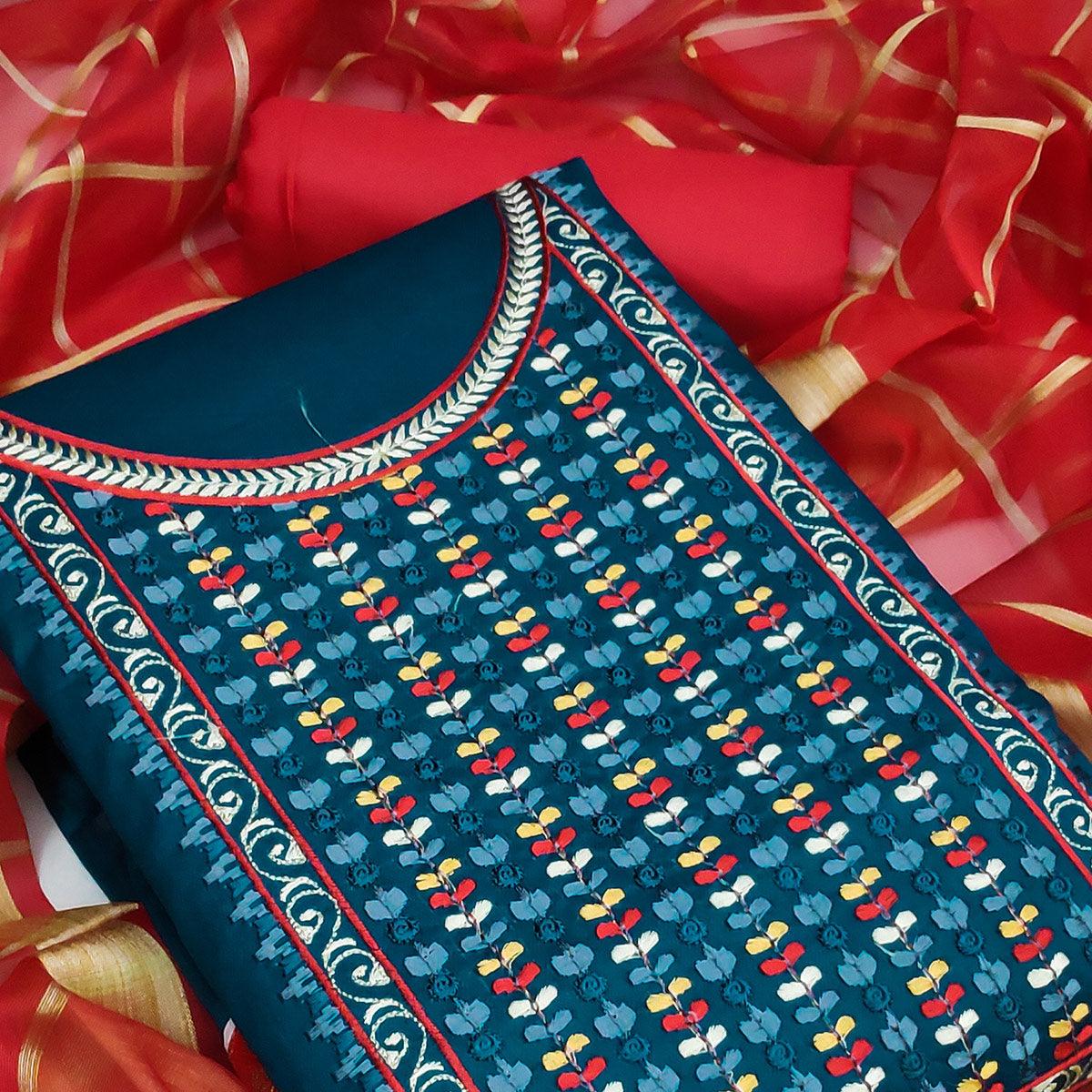 More Peach Festive Wear Floral Embroidered Cotton Dress Material - Peachmode