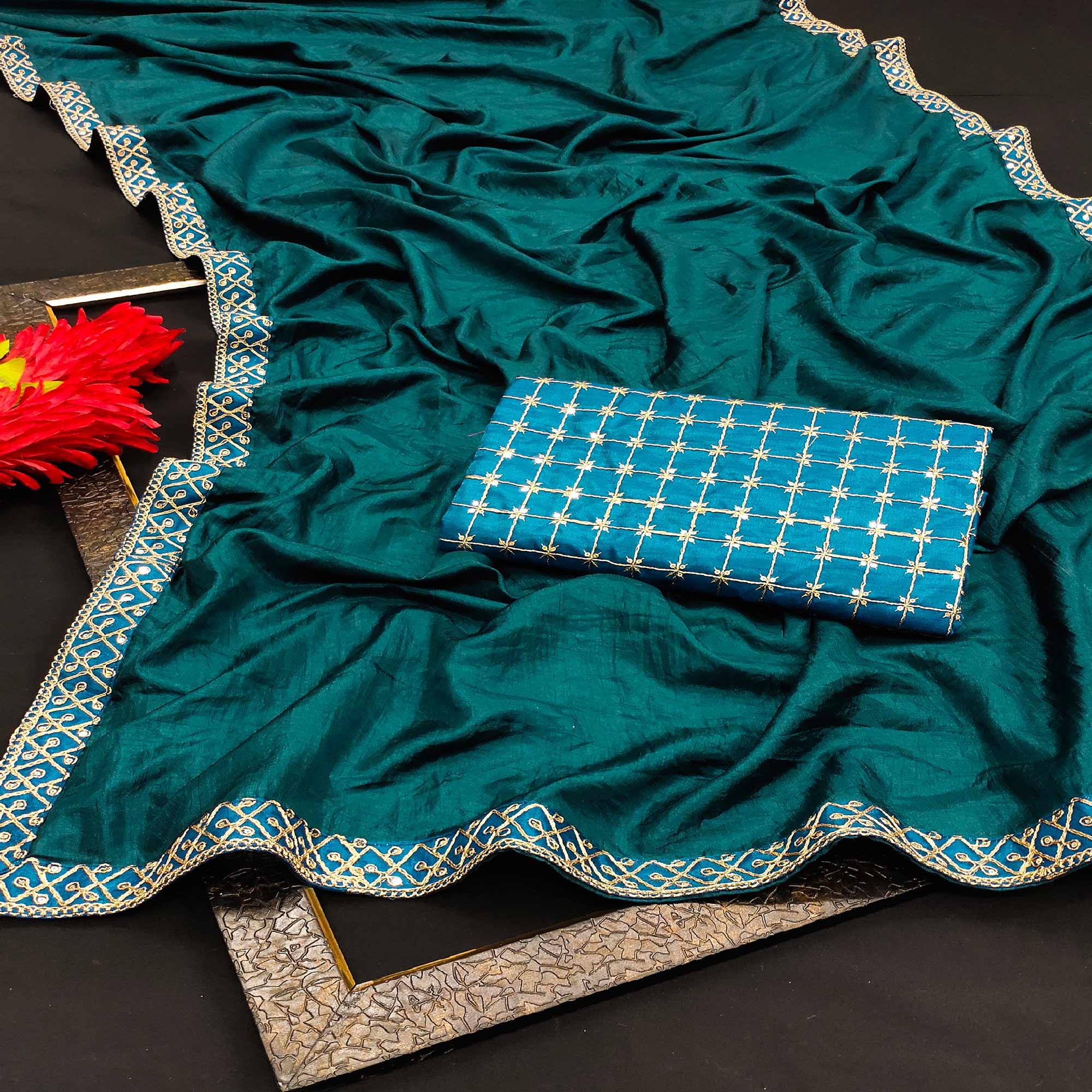 More Peach Partywear Coding Lace Border Dola Silk Saree - Peachmode