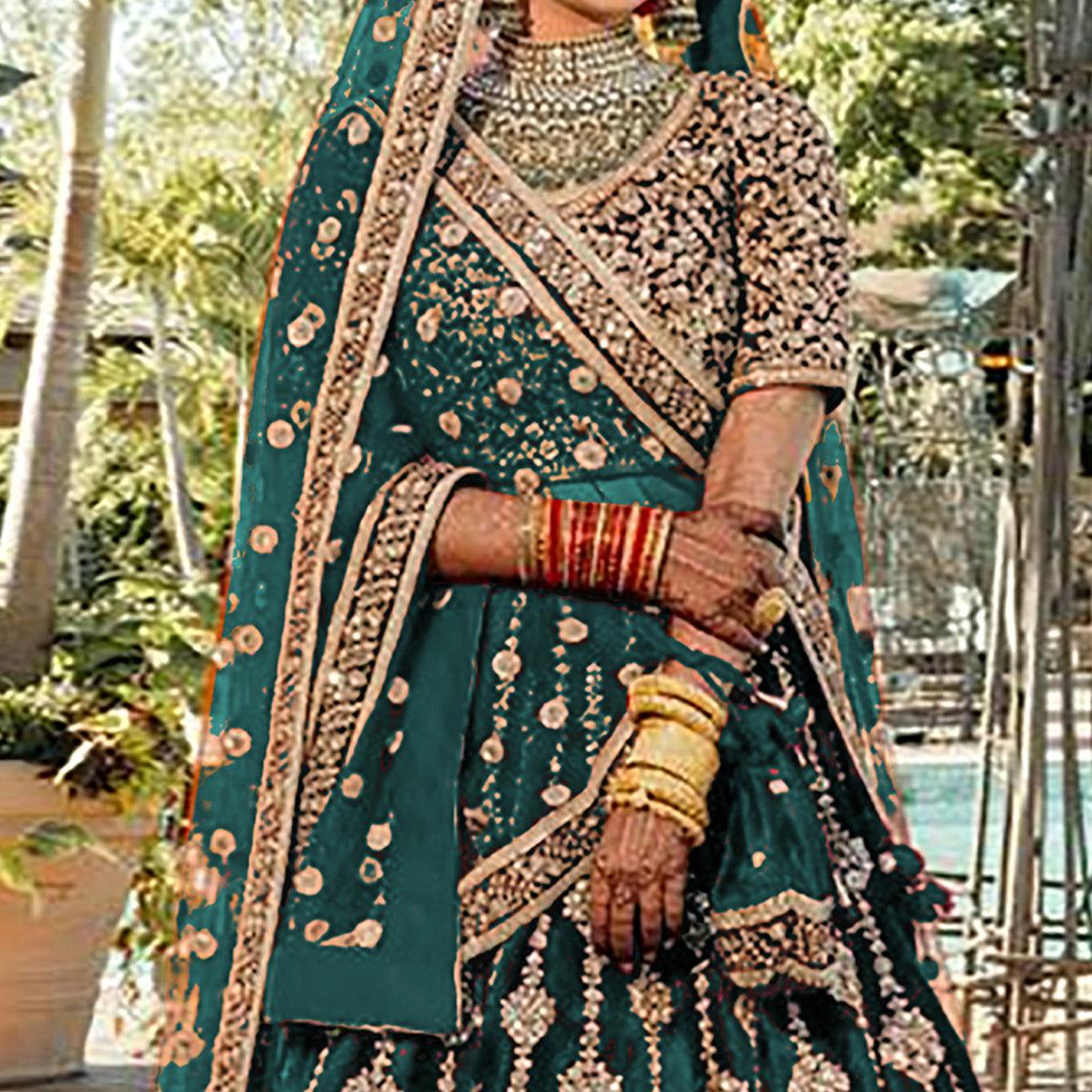 More Peach Wedding Wear Embroidered With Embellished Velvet Lehenga Choli - Peachmode