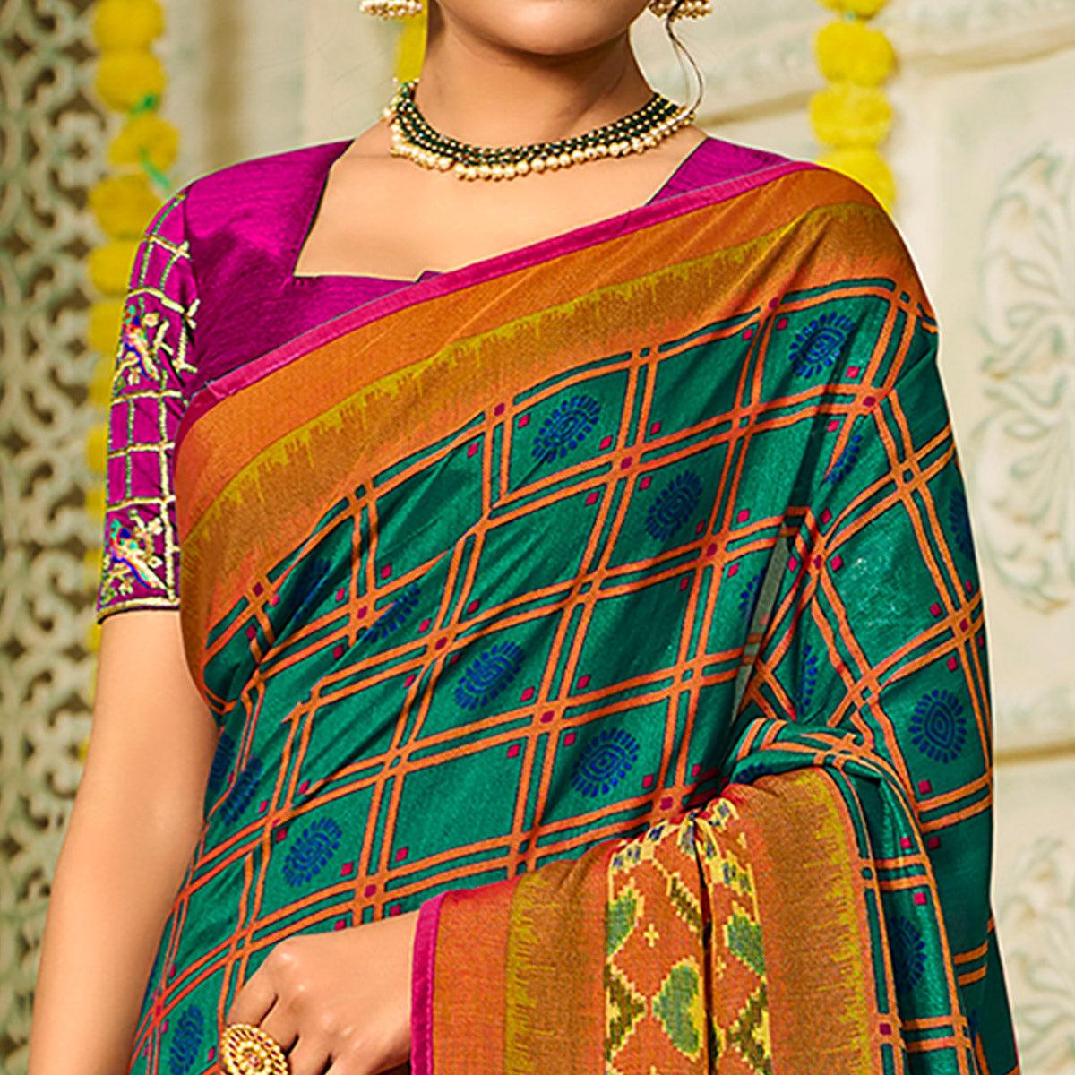 Morpich Checks Printed Brasso Saree With Tassels - Peachmode