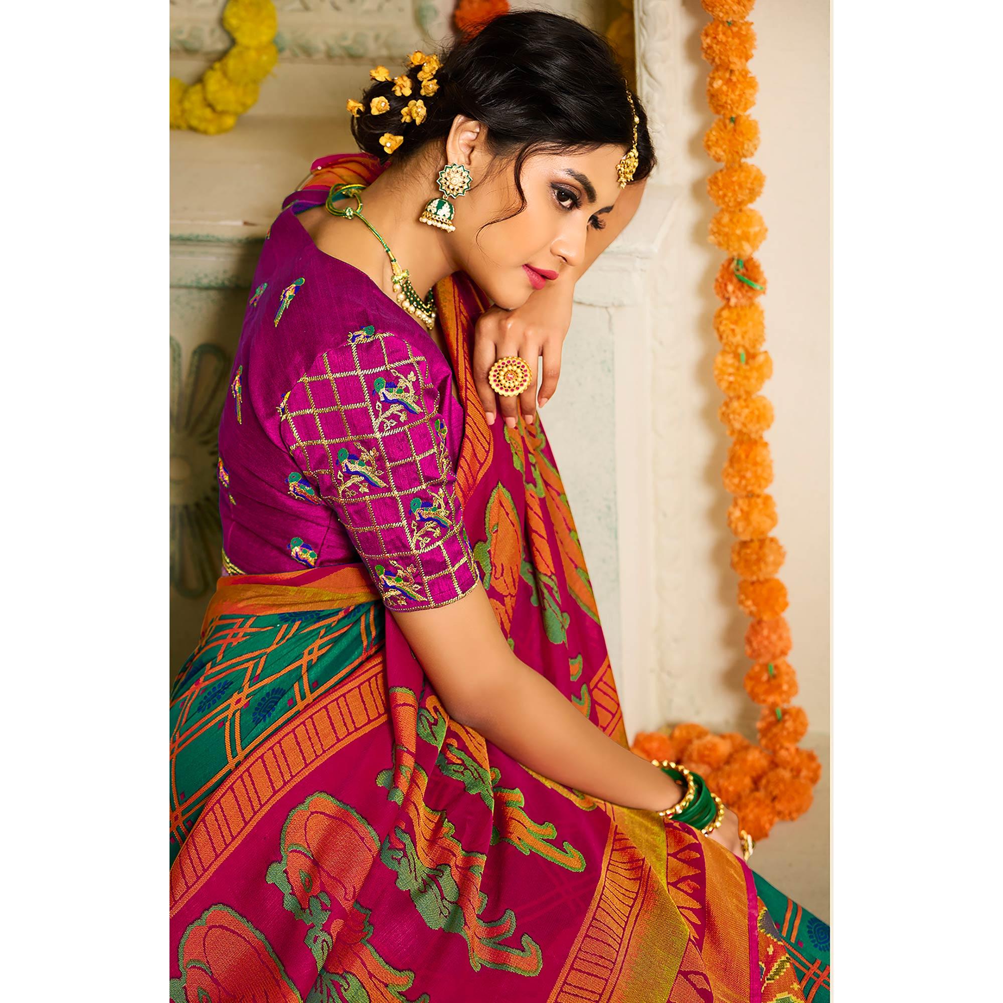 Morpich Checks Printed Brasso Saree With Tassels - Peachmode