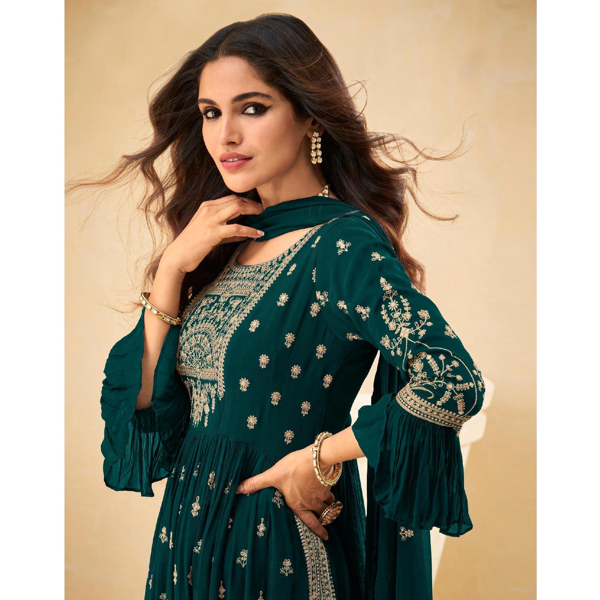 Morpich Embellished With Embroidered Georgette Palazzo Suit - Peachmode