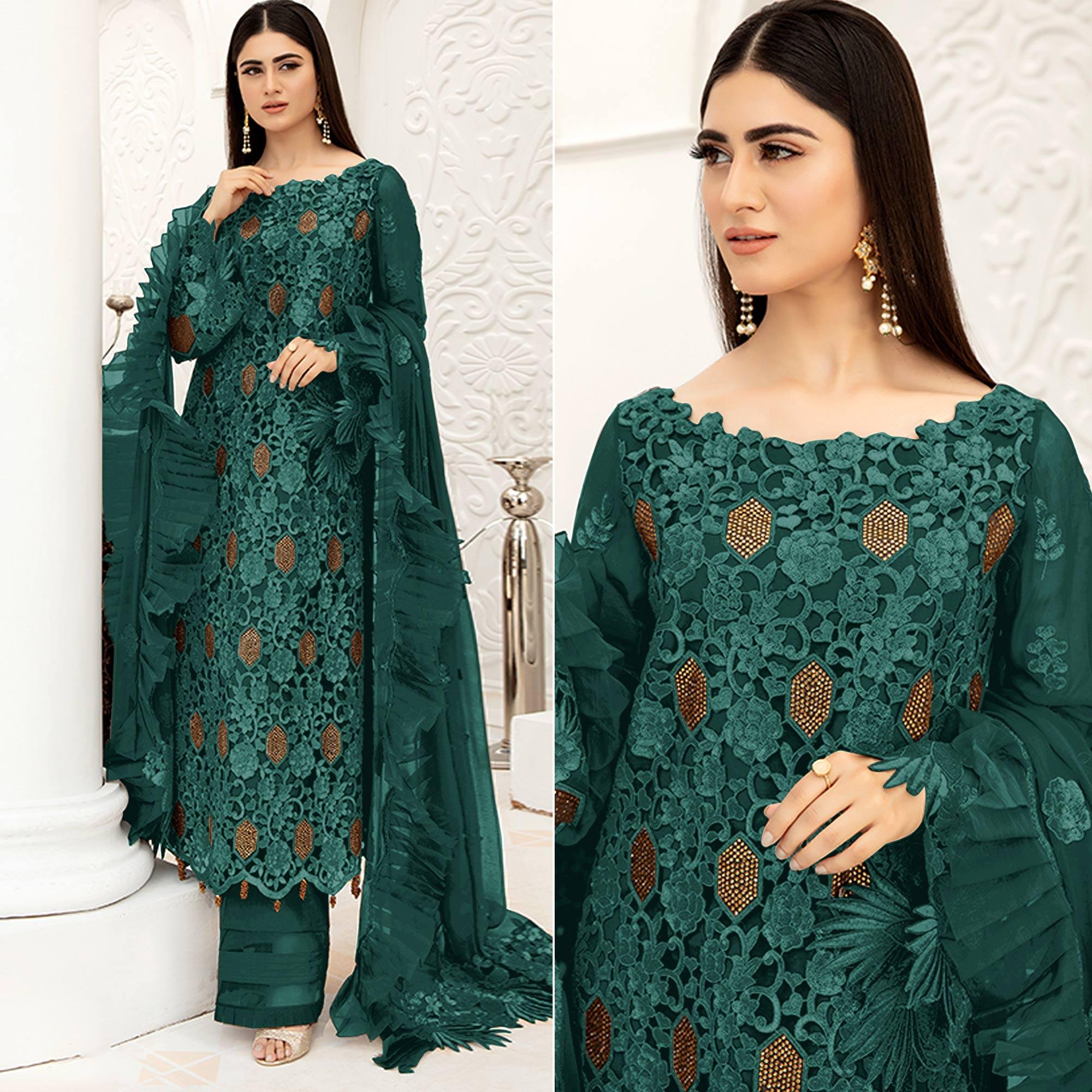 Morpich Embellished With Embroidered Net Pakistani Suit - Peachmode