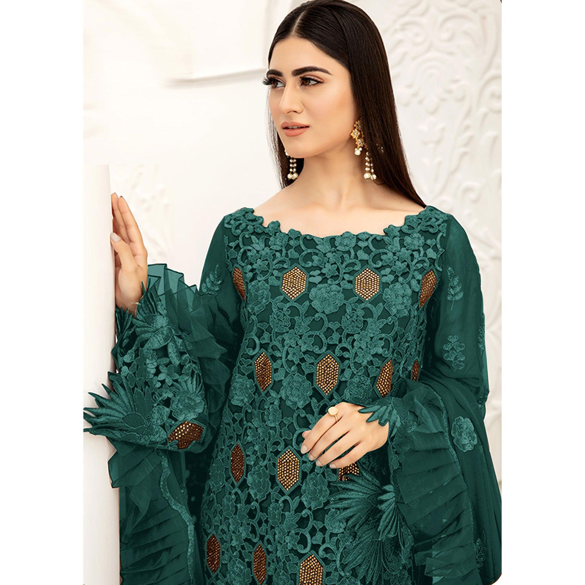 Morpich Embellished With Embroidered Net Pakistani Suit - Peachmode