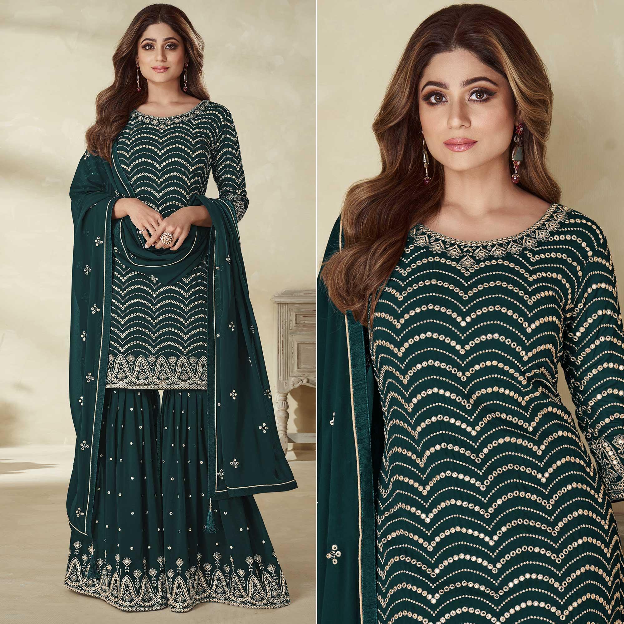 Morpich Embroidered Georgette Sharara Suit - Peachmode