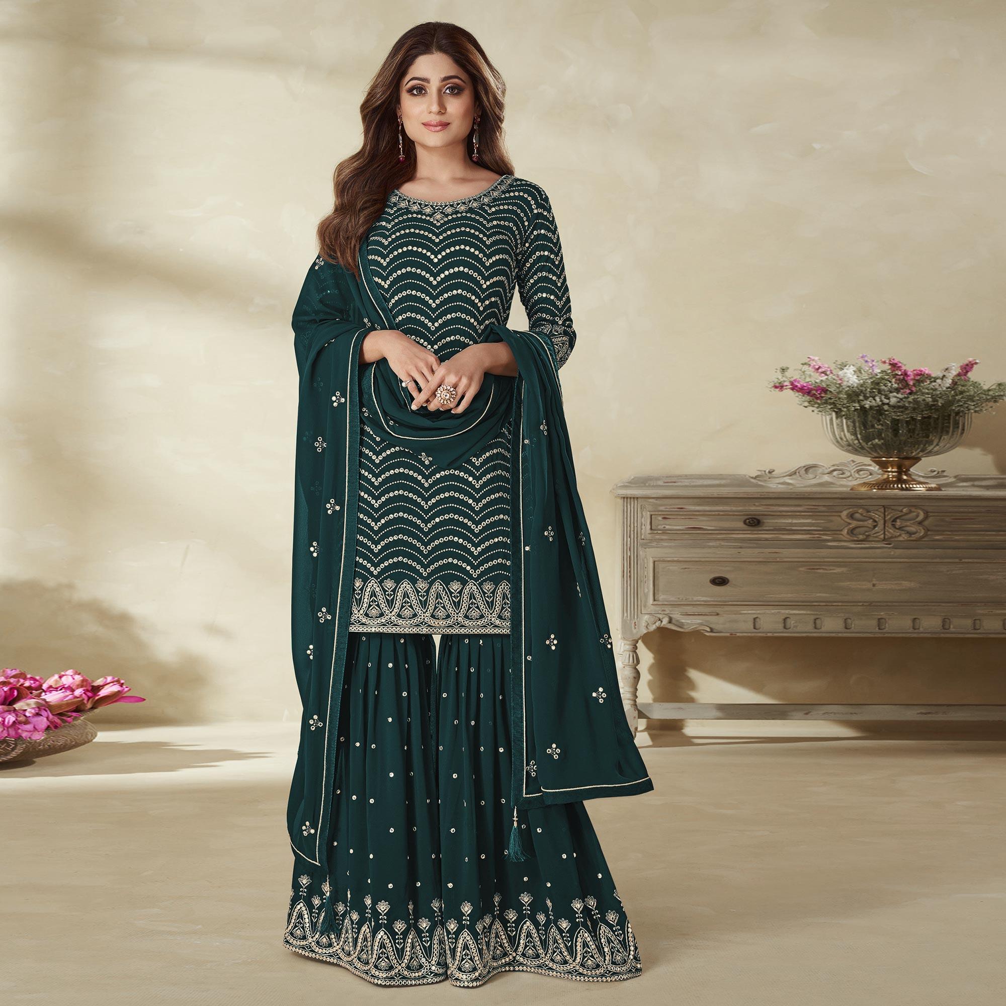 Morpich Embroidered Georgette Sharara Suit - Peachmode