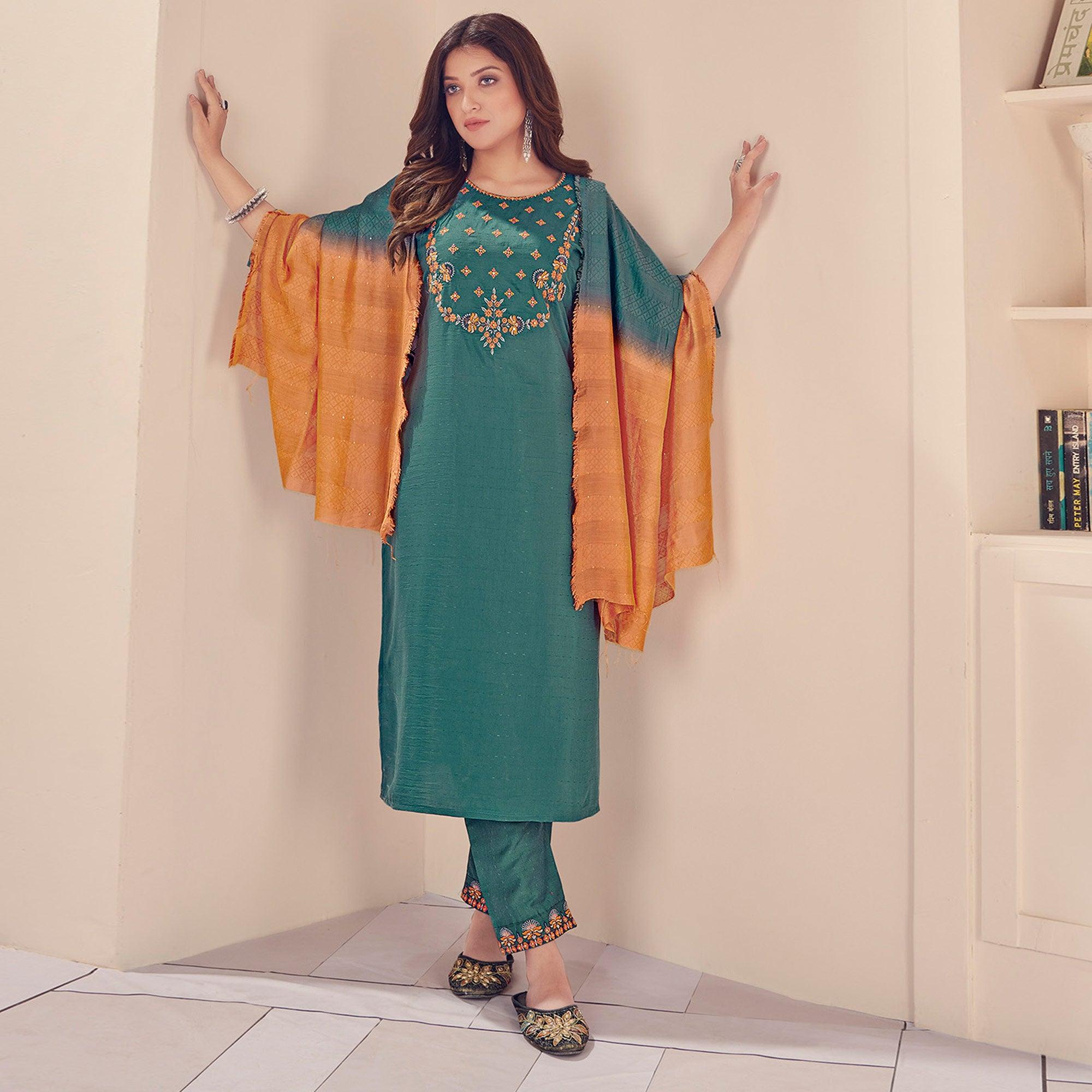 Morpich Embroidered With Embellished Chiffon Kurti Pant Set With Dupatta - Peachmode
