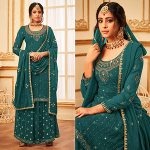 Morpich Embroidered With Embellished Georgette Palazzo Suit - Peachmode