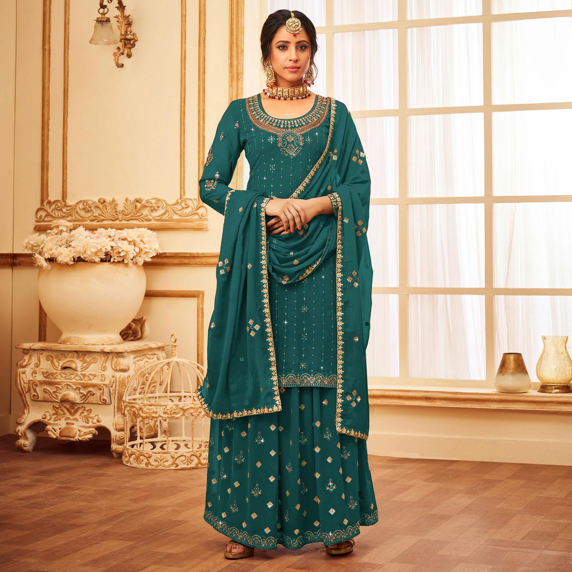 Morpich Embroidered With Embellished Georgette Palazzo Suit - Peachmode