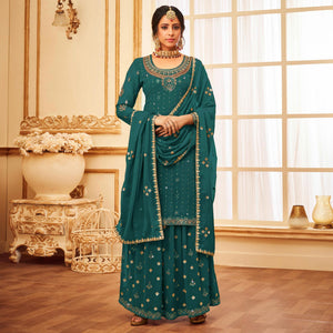 Morpich Embroidered With Embellished Georgette Palazzo Suit - Peachmode