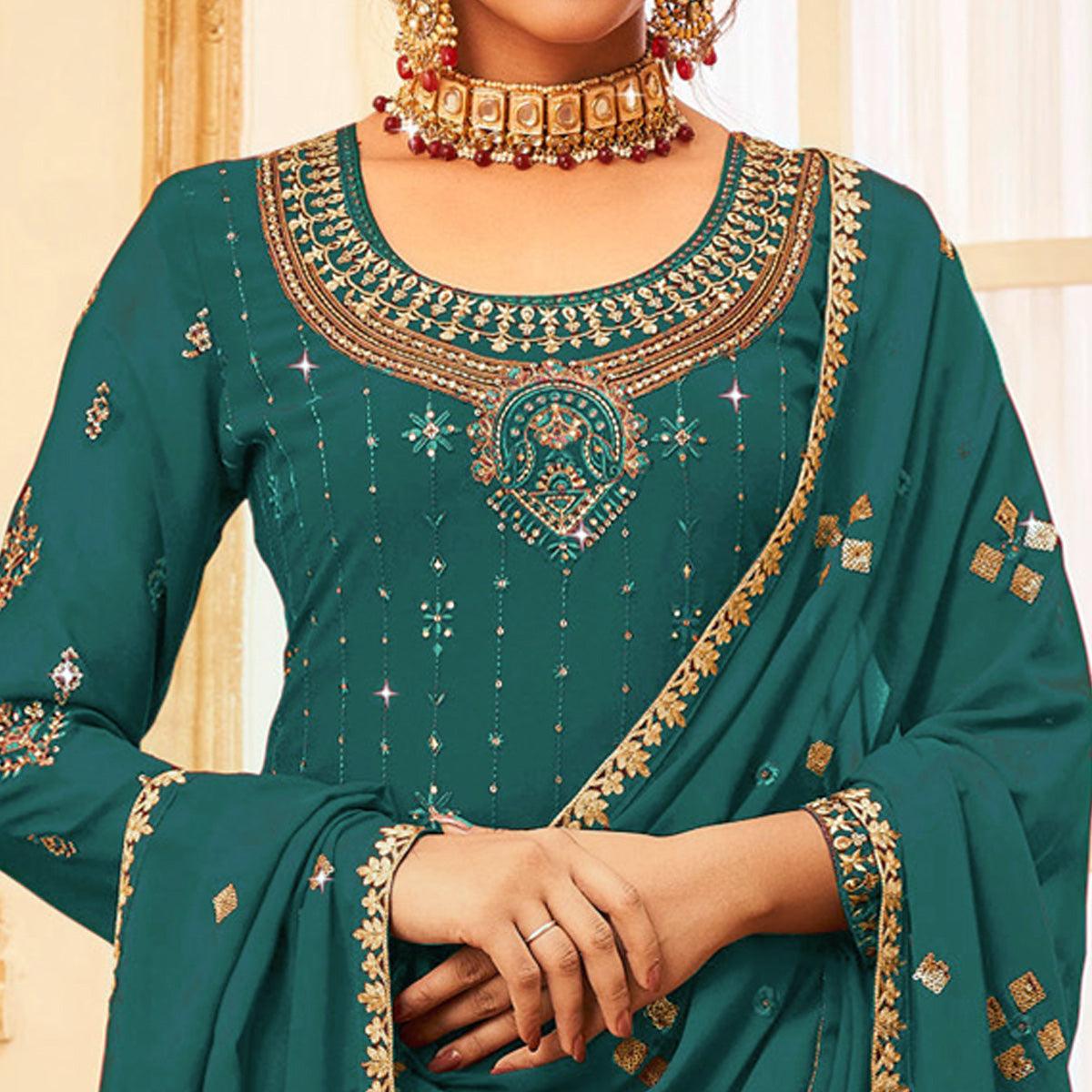 Morpich Embroidered With Embellished Georgette Palazzo Suit - Peachmode