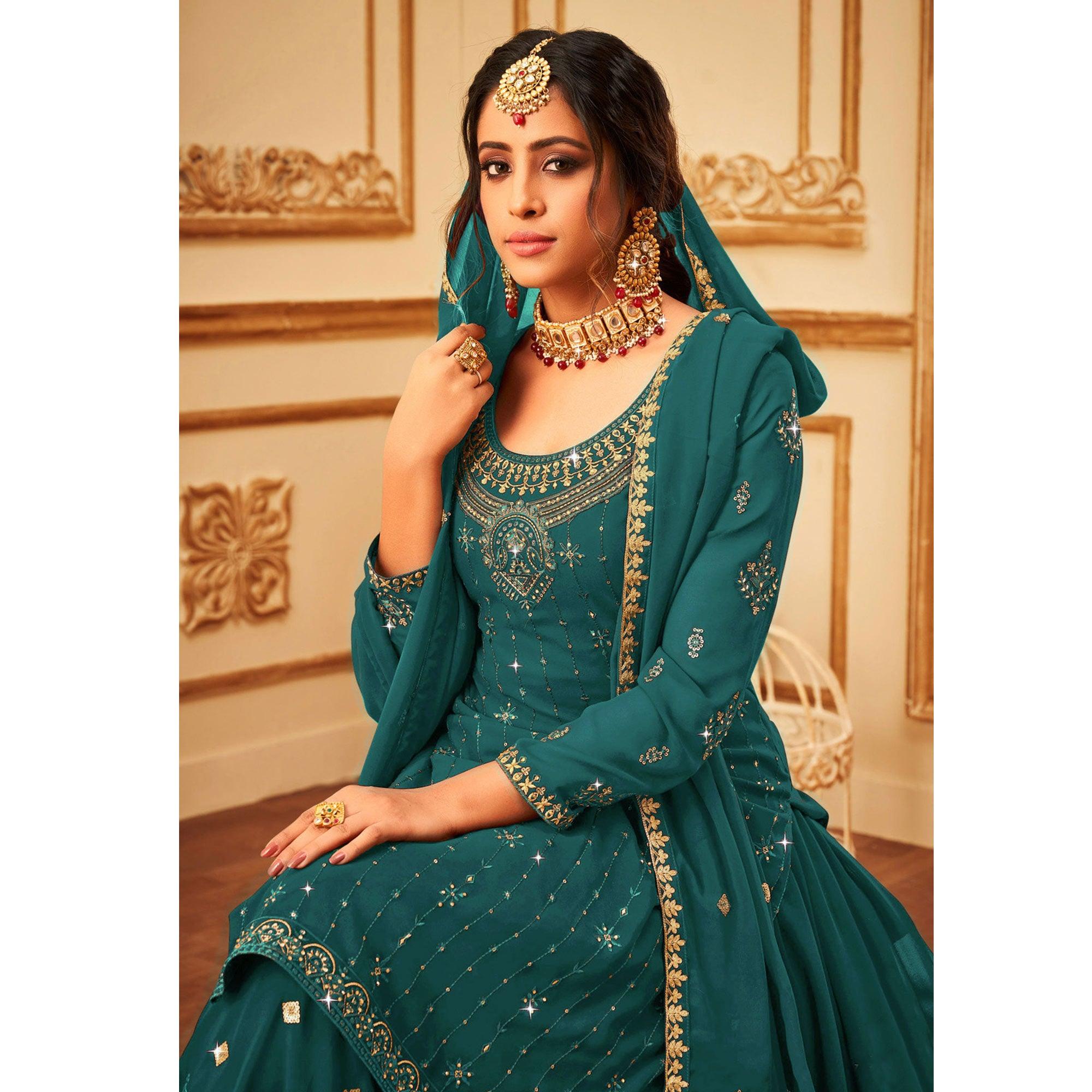 Morpich Embroidered With Embellished Georgette Palazzo Suit - Peachmode