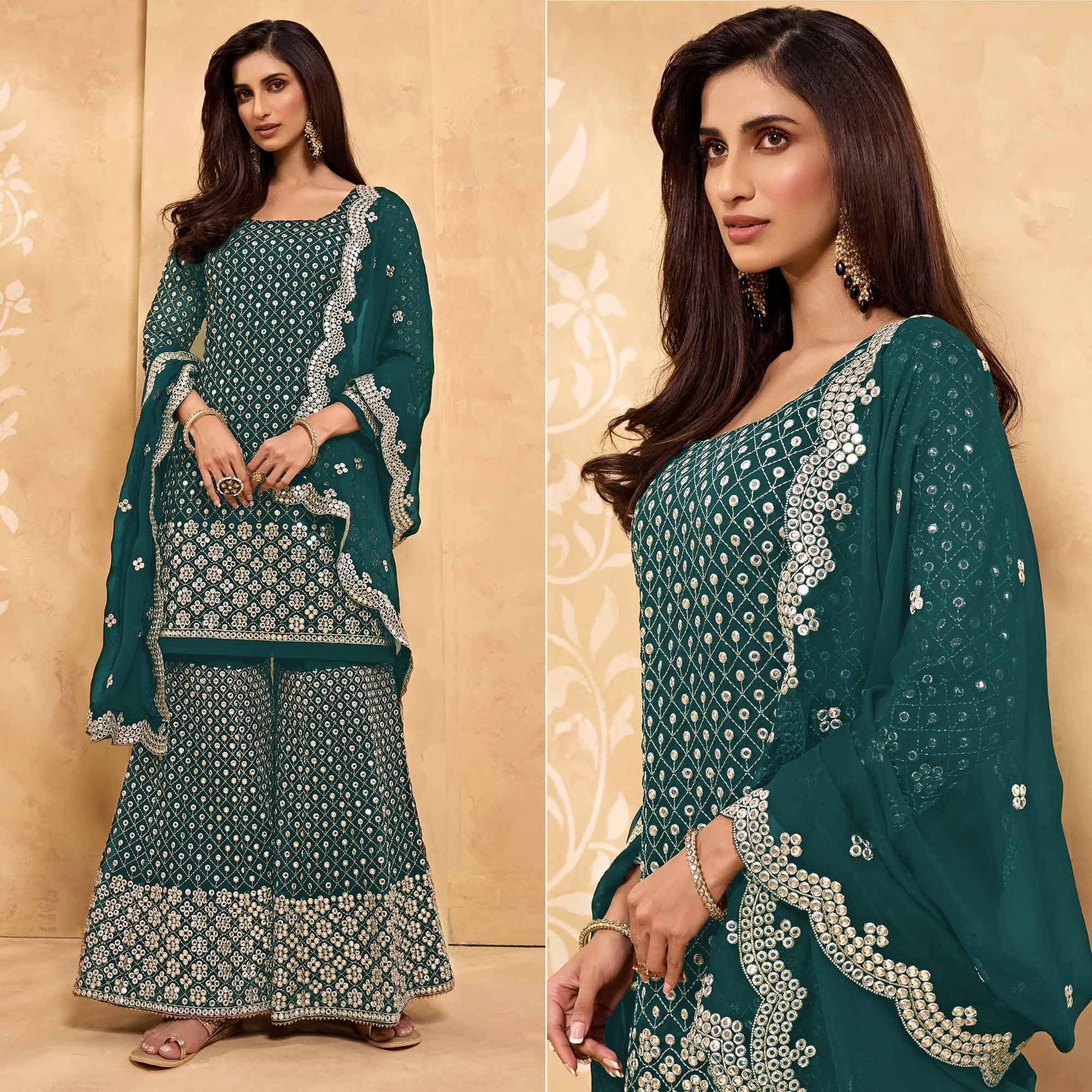 Morpich Embroidered With Embellished Georgette Sharara Suit - Peachmode