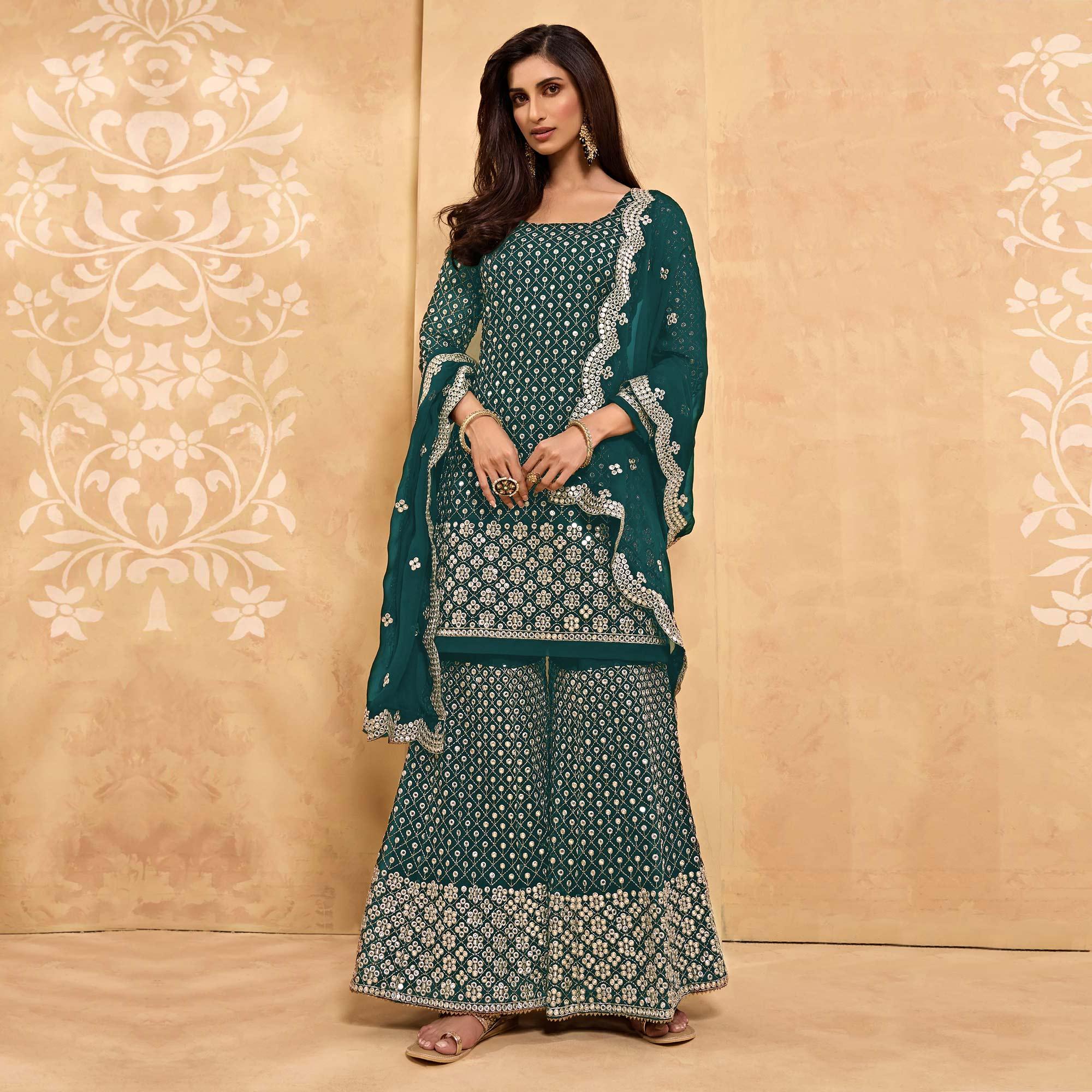 Morpich Embroidered With Embellished Georgette Sharara Suit - Peachmode