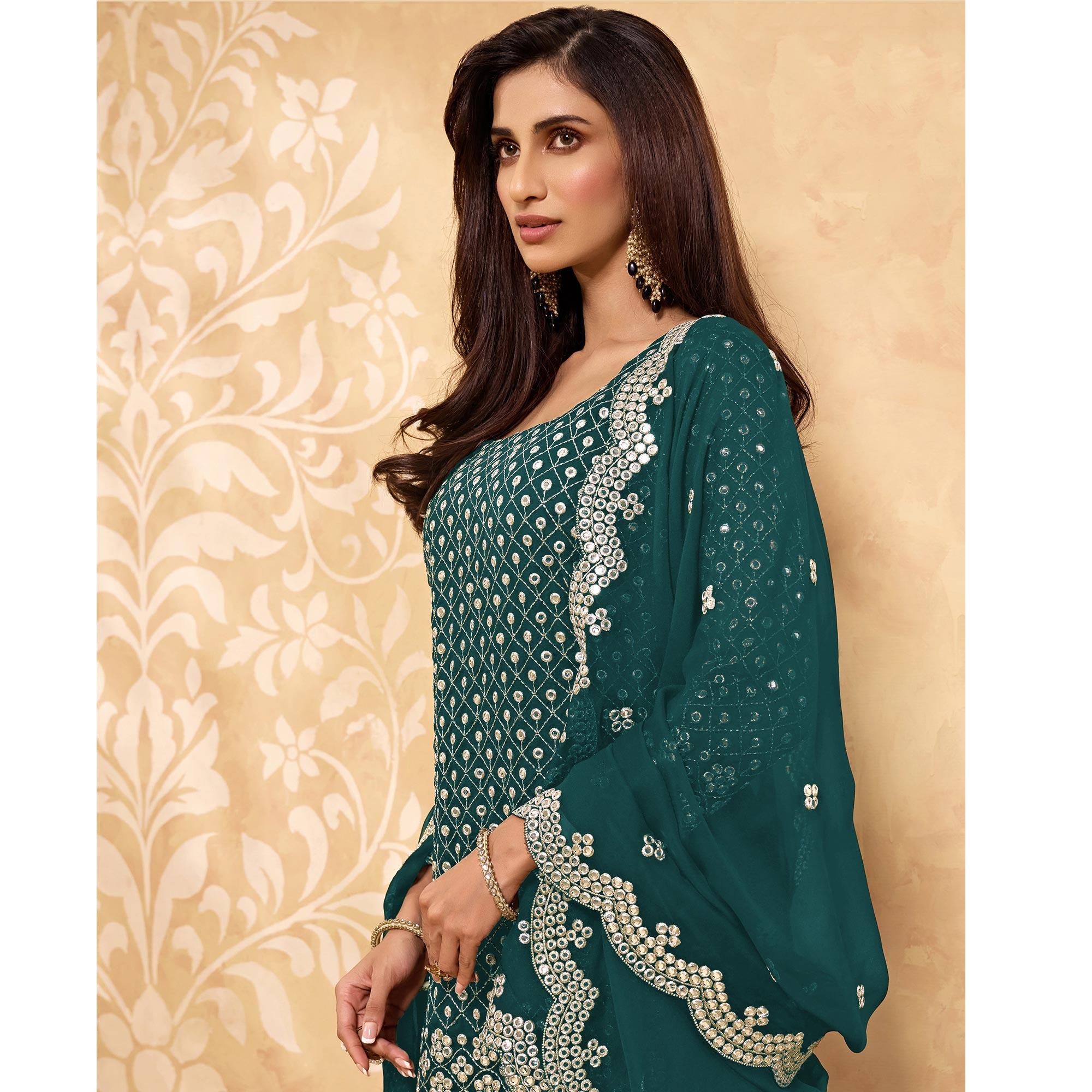 Morpich Embroidered With Embellished Georgette Sharara Suit - Peachmode